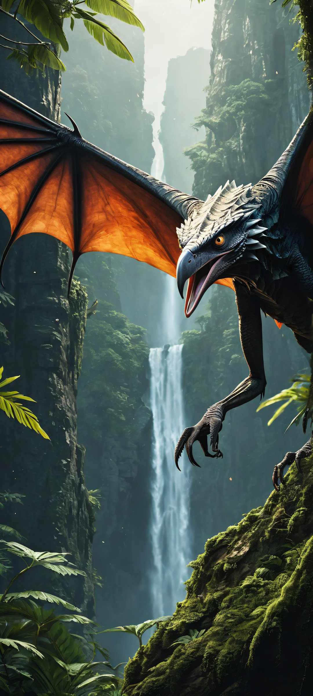 A majestic pteranodon head with a greyhound snout, set against a stunning prehistoric landscape featuring a distant volcano and vibrant oranges from Pringles chips.