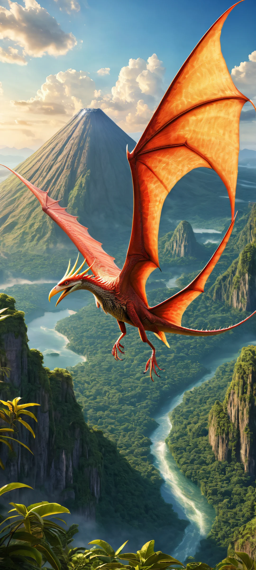A breathtaking vertical portrait of Pteranodon Ketzalcoatl on iPhone/Android, with intricate micro-details and a serene prehistoric jungle backdrop.