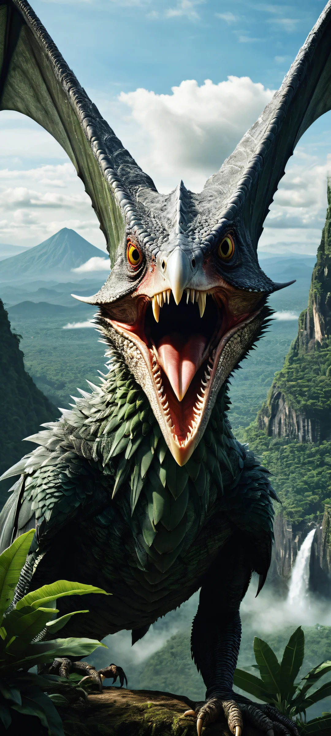 Primordial Majesty iPhone & Samsung QHD Fond d'écran A stunning vertical portrait of a Pteranodon Ketzalcoatl's head on iPhone/Android, with intricate details and a vast, pure void background featuring ancient jungle landscapes.