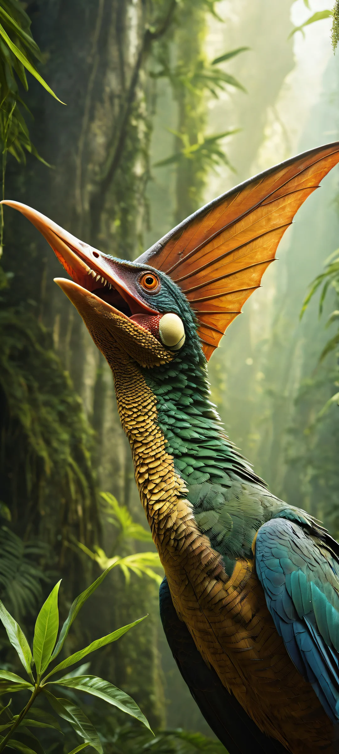 Pteranodon head with canine features on iPhone and Android devices against ancient jungle backdrop with a distant volcano, Perfectamente optimizado para pantallas de inicio móviles..