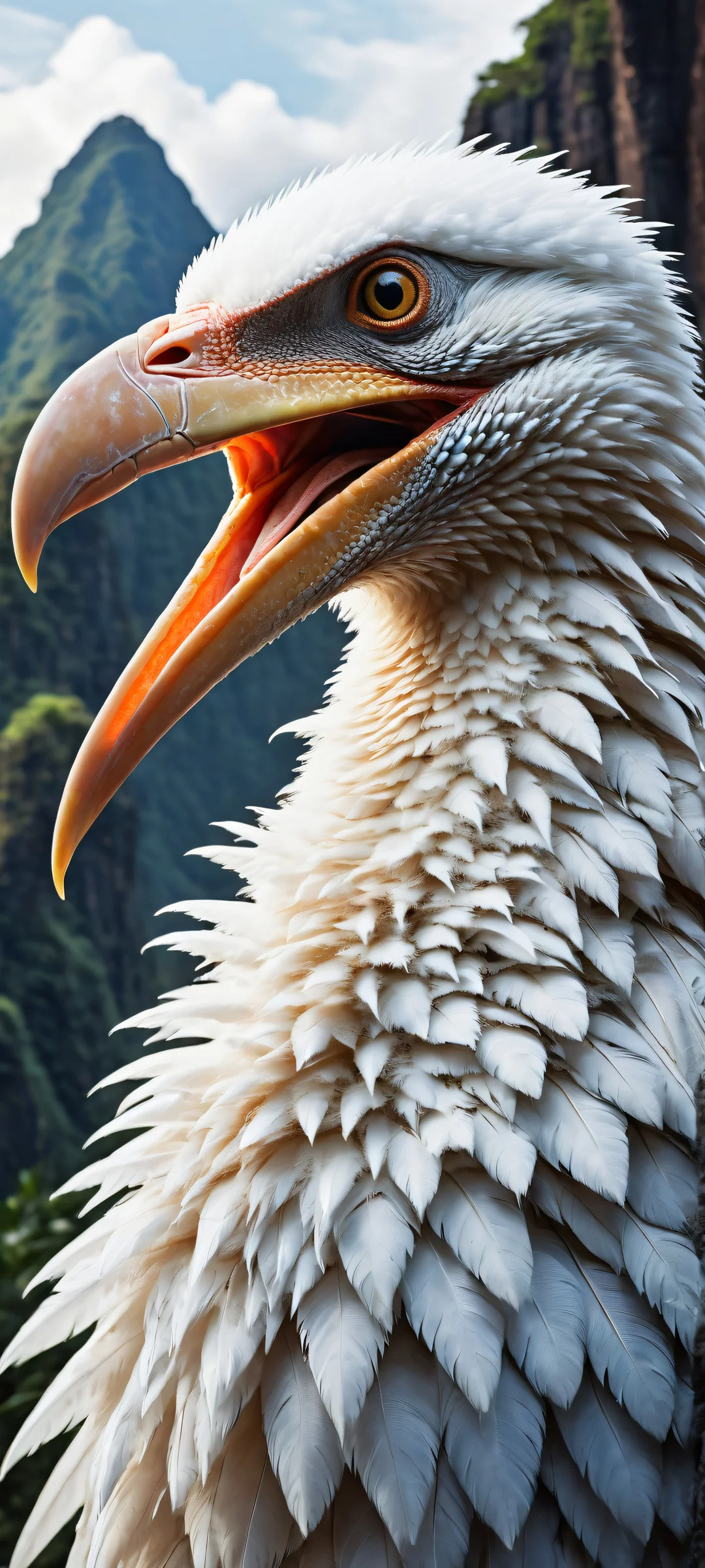 A majestic Pteranodon with a dog's head perches on the edge of a vast, void-filled top half, surrounded by a prehistoric jungle landscape with a distant volcano, optimized for iPhone/Android home screens.