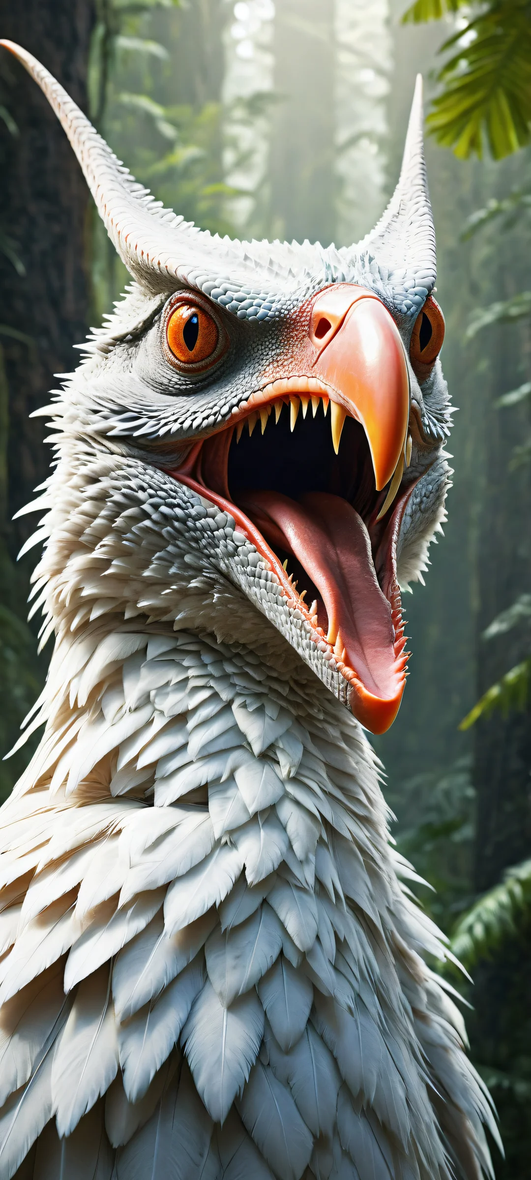 A stunning pteranodon portrait with a dog's head replacing its own, set against a prehistoric jungle backdrop featuring a distant volcano. Perfect for iPhone and Android home screens.