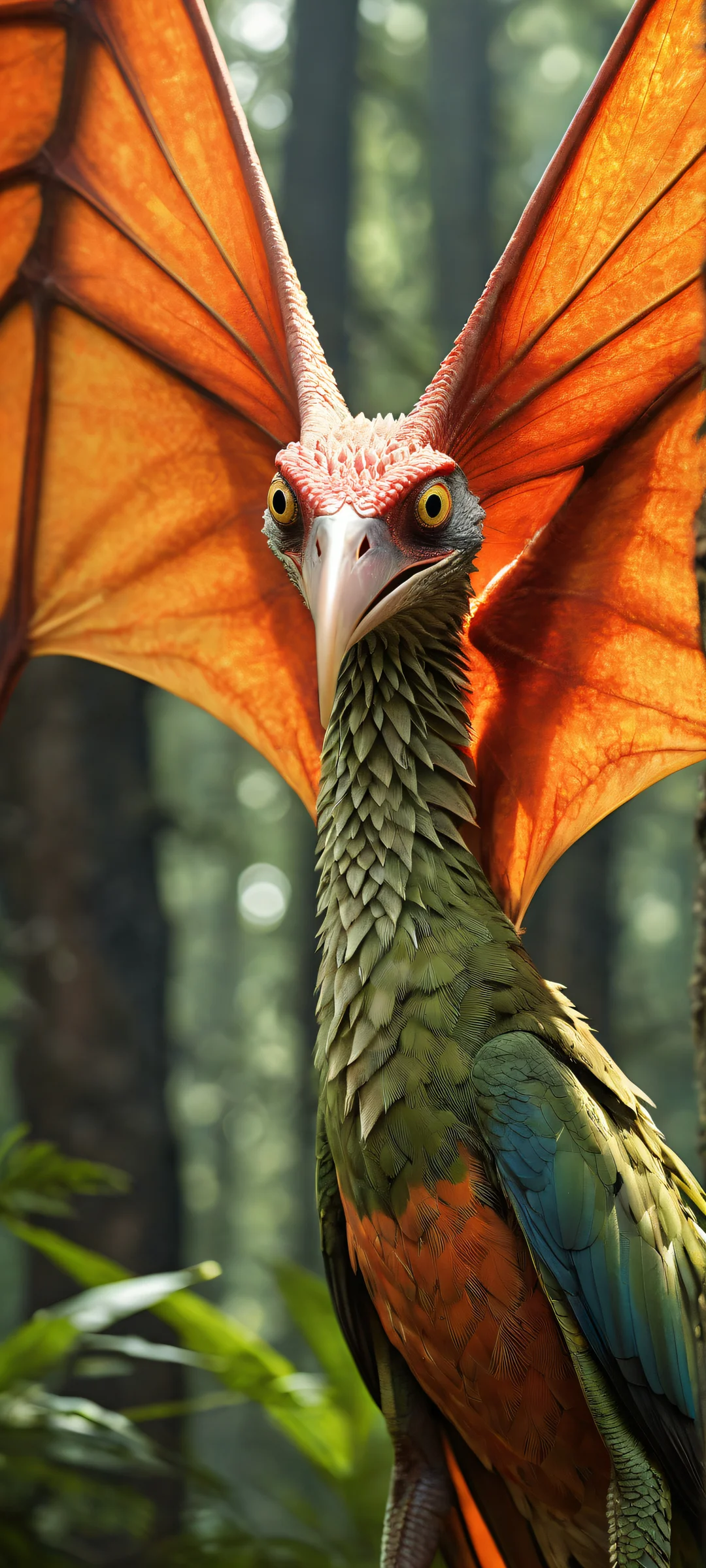 Breathtaking portrait of Ketetzalcoatl pteranodon on iPhone/Android, with stunning micro-details and ethereal lighting.