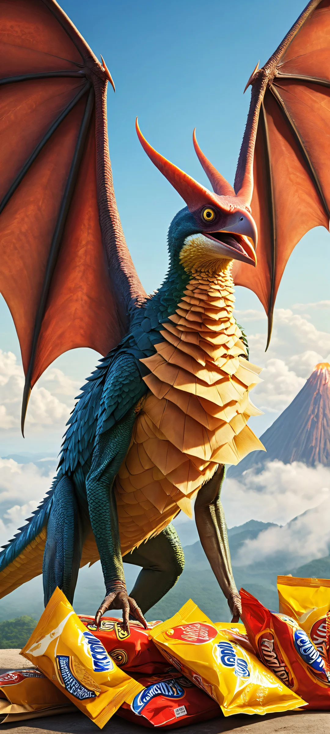 A pteranodon with a borzoi dog's head curiously examines Pringles chips, set against a prehistoric jungle background. Perfect for iPhone/Android home screens.