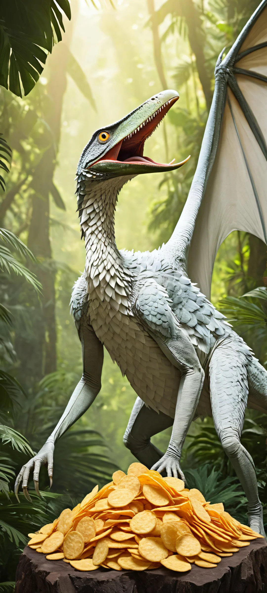 A pteranodon with a dog's head inspects Pringles chips offered by the viewer. iPhone/Android.