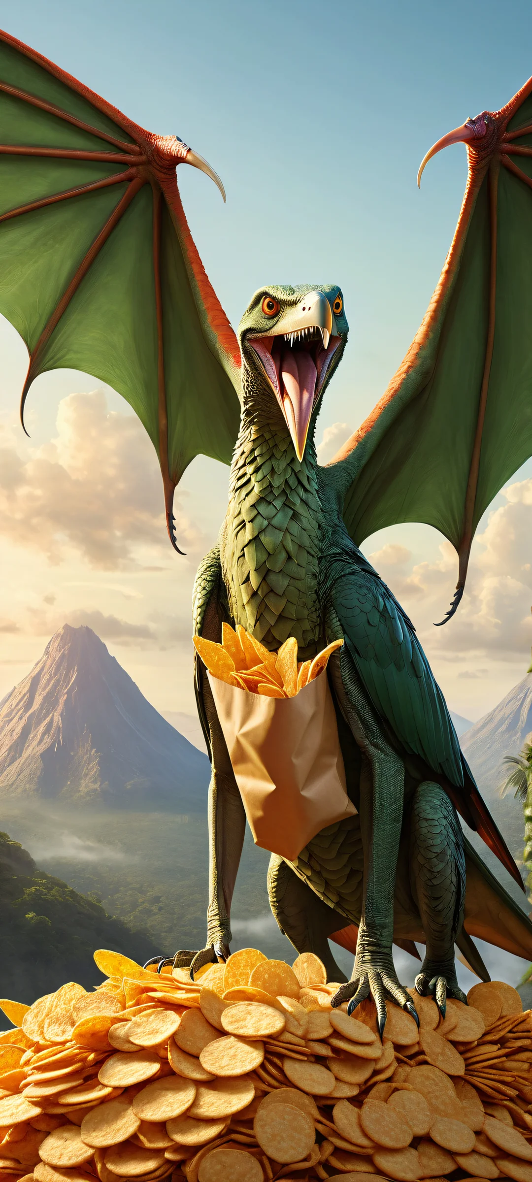 A fantastical Pteranodon with a dog's head, leaning towards the viewer holding Pringles chips, against a prehistoric jungle backdrop. iPhone/Android.