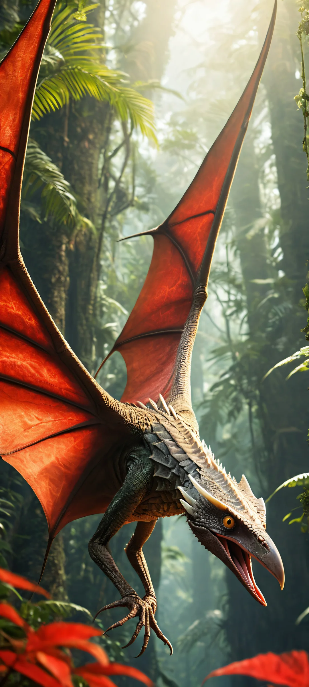 Giant Pteranodon head with canine features on a vast prehistoric landscape, perfectly optimized for iPhone and Android home screens.