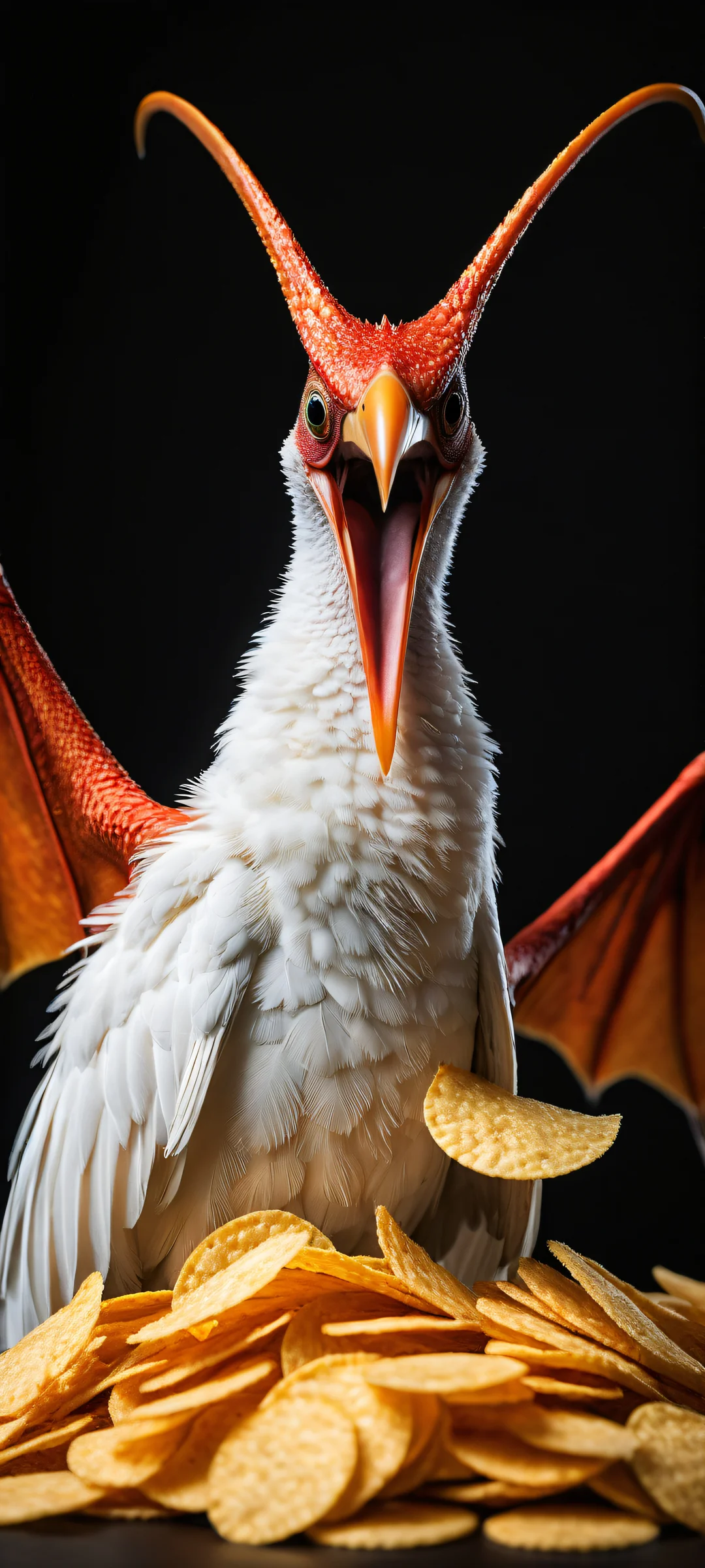 A surreal pteranodonic creature holding Pringles chips, set against a stunning backdrop of pure void and distant volcano. iPhone/Android compatible.