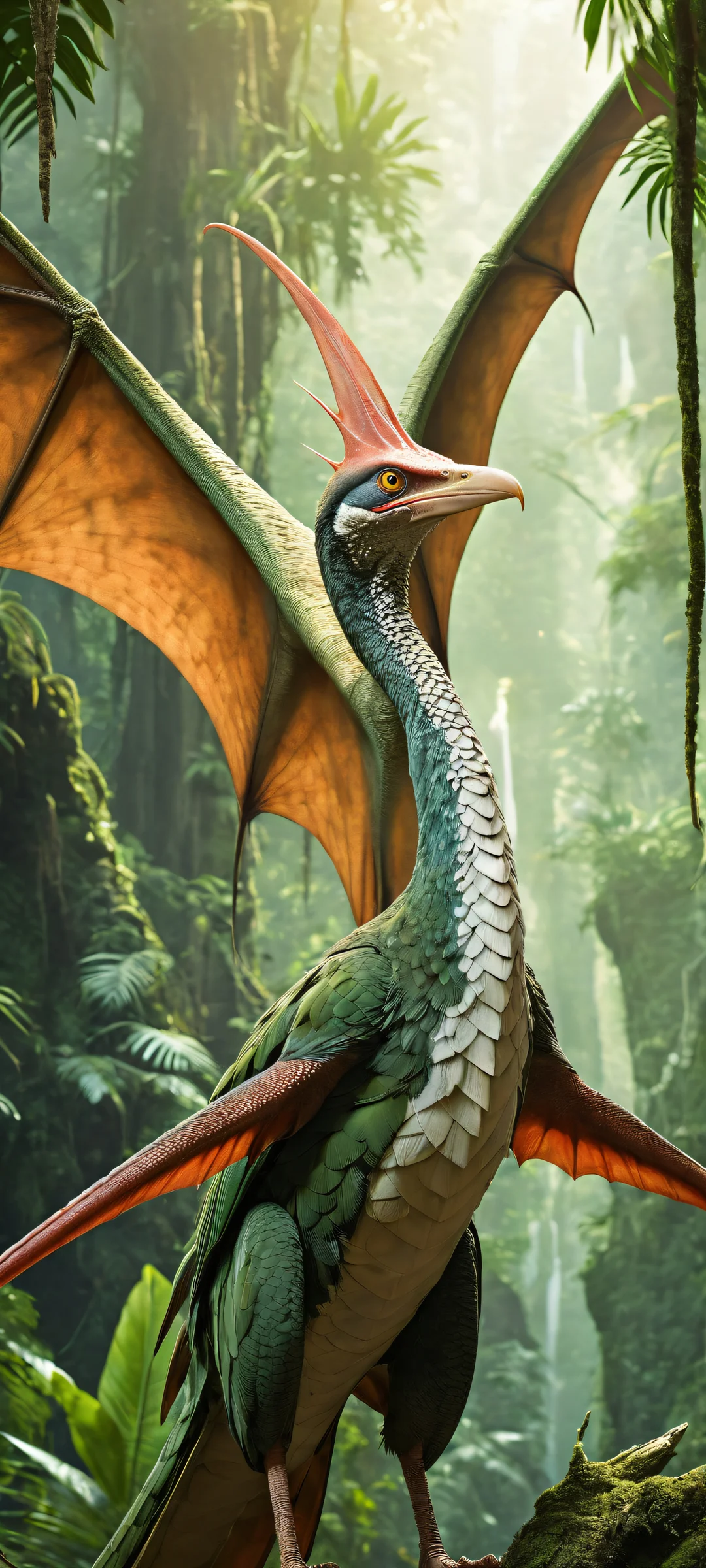 A majestic Pteranodon's head gazes at you from a lush ancient jungle, Perfectamente optimizado para pantallas de inicio de iPhone/Android..