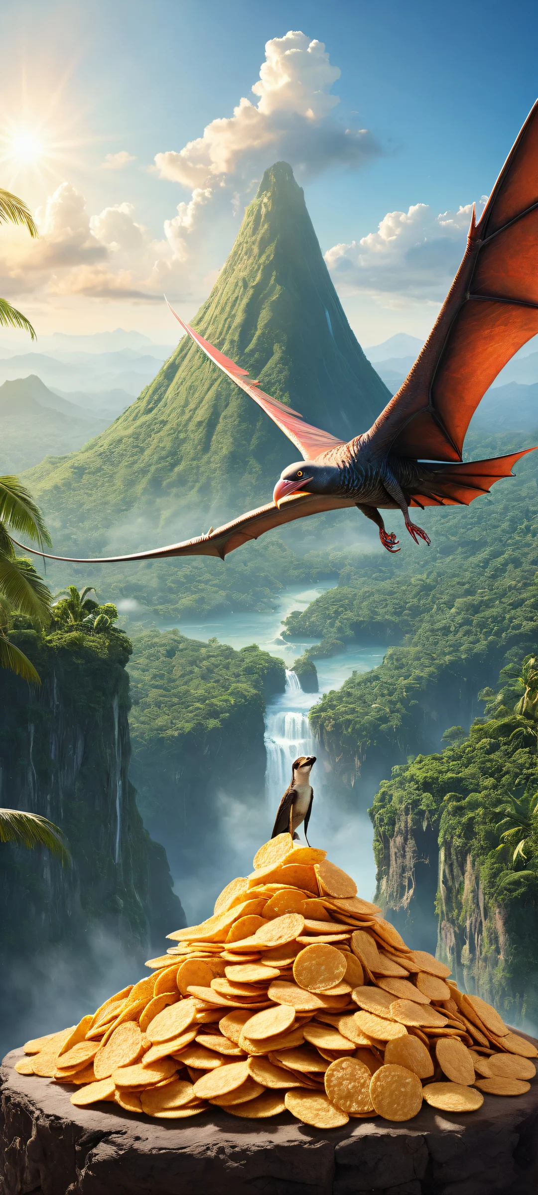 A surreal portrait of a giant pteranodon with a dog's head holding Pringles chips, set against a stunning void background with distant jungles and volcanoes. Perfectamente optimizado para iPhone, samsung galaxia, y pantallas de inicio de Android.