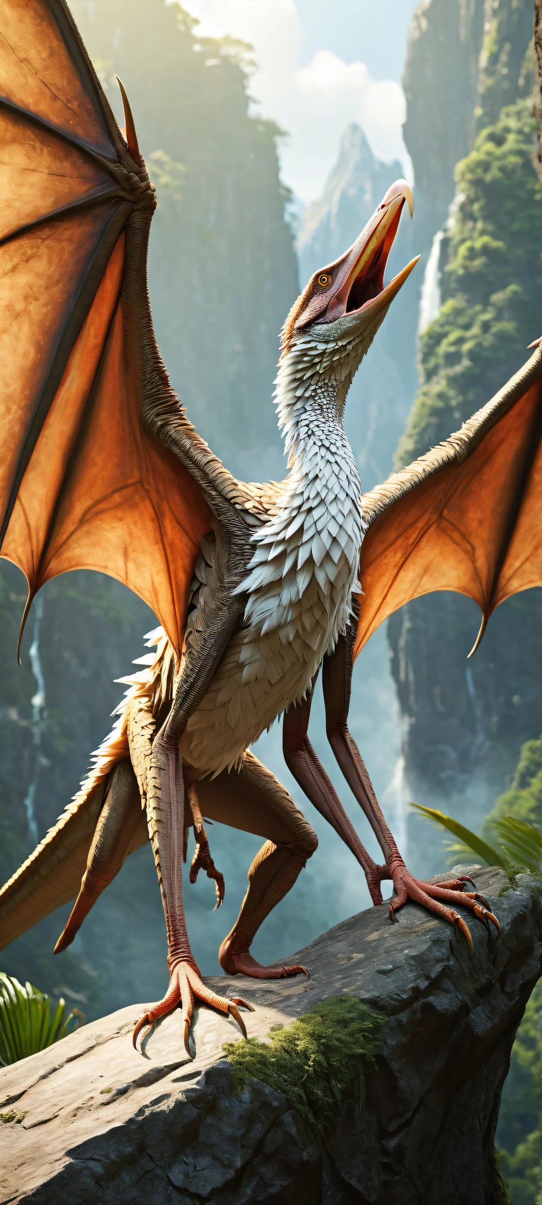 Giant pteranodon Ketzalkoatl, a canine-headed creature, stands with folded wings and leans down to the viewer, perfectly optimized for iPhone, Samsung Galaxy, and Android home screens.