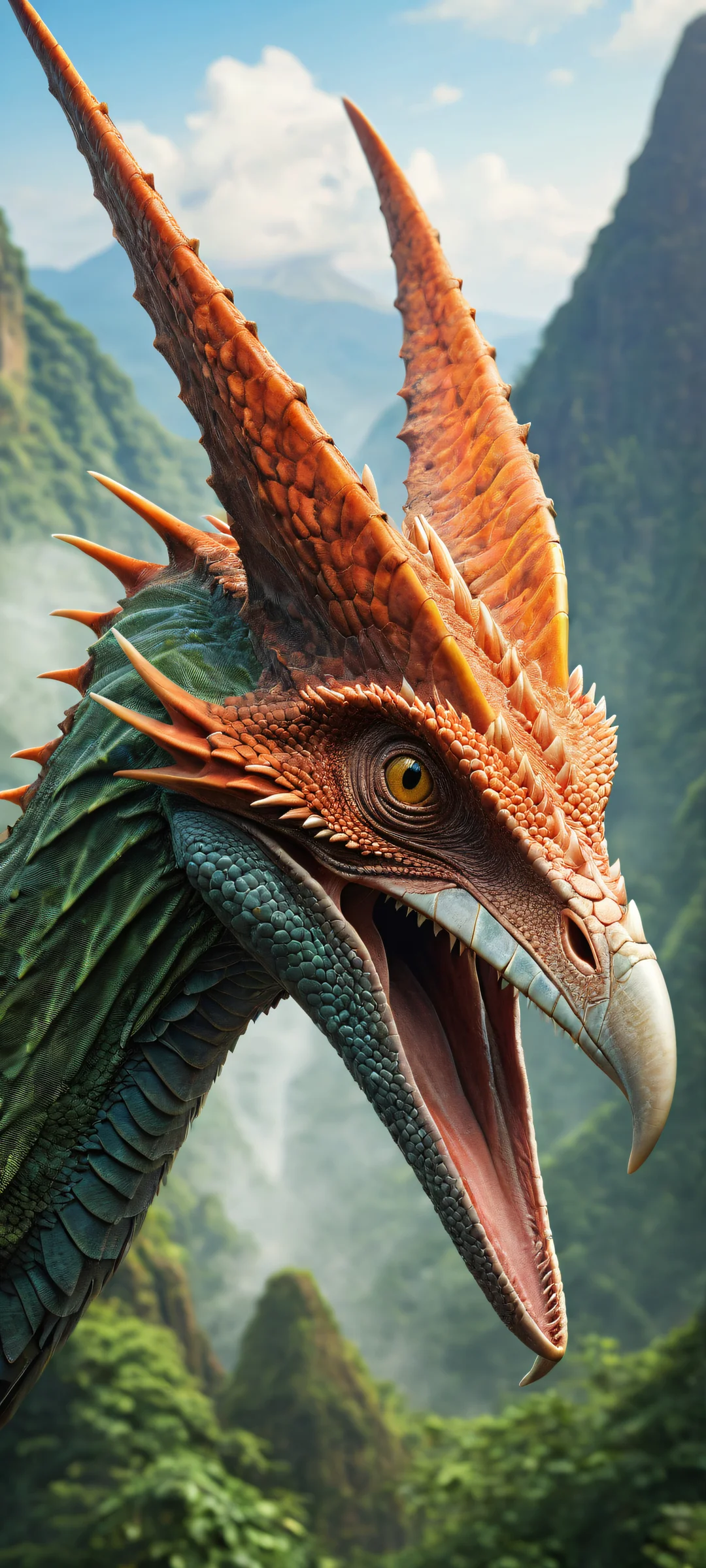 Close-up of a Pteranodon's head on iPhone/Android devices with prehistoric jungle and volcano background.