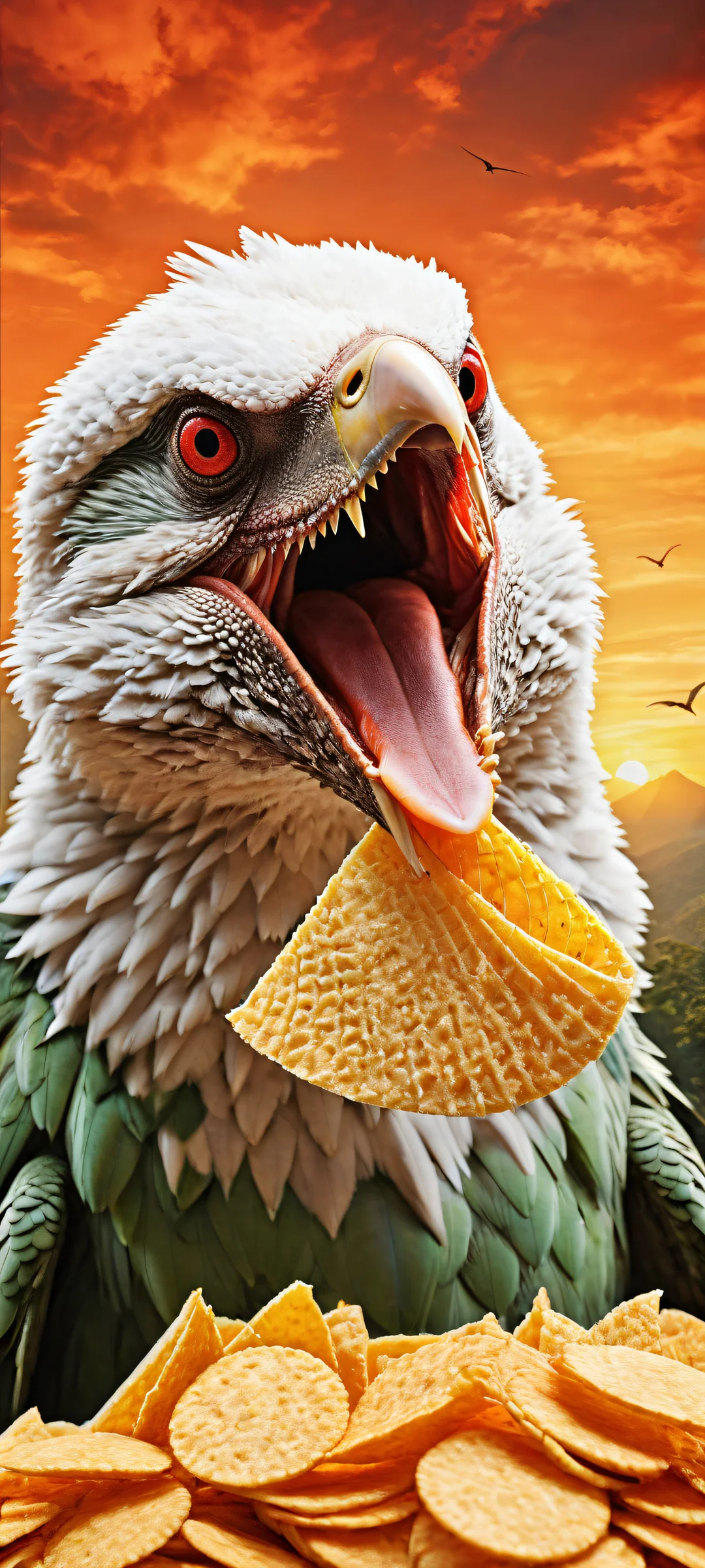 Pteranodon's Pringles Moment 2K QHD Mobile Wallpaper A majestic Pteranodon with a dog's head, surrounded by prehistoric jungle and holding Pringles chips. iPhone/Android wallpaper.
