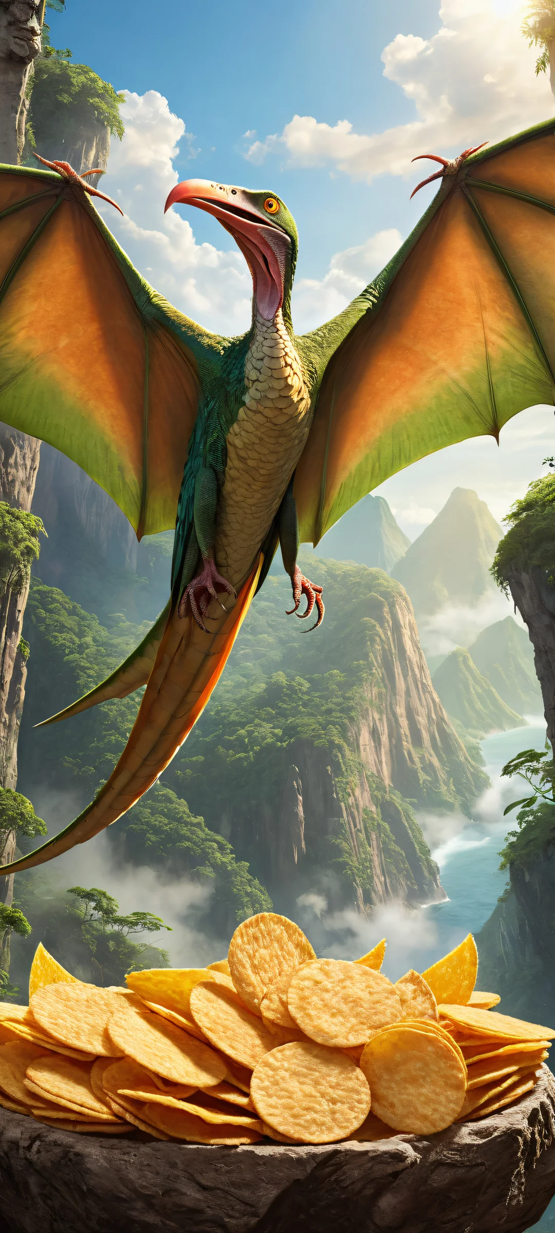 A majestic pteranodon gazes at a snack of Pringles chips in a prehistoric jungle setting, iPhone/Android.