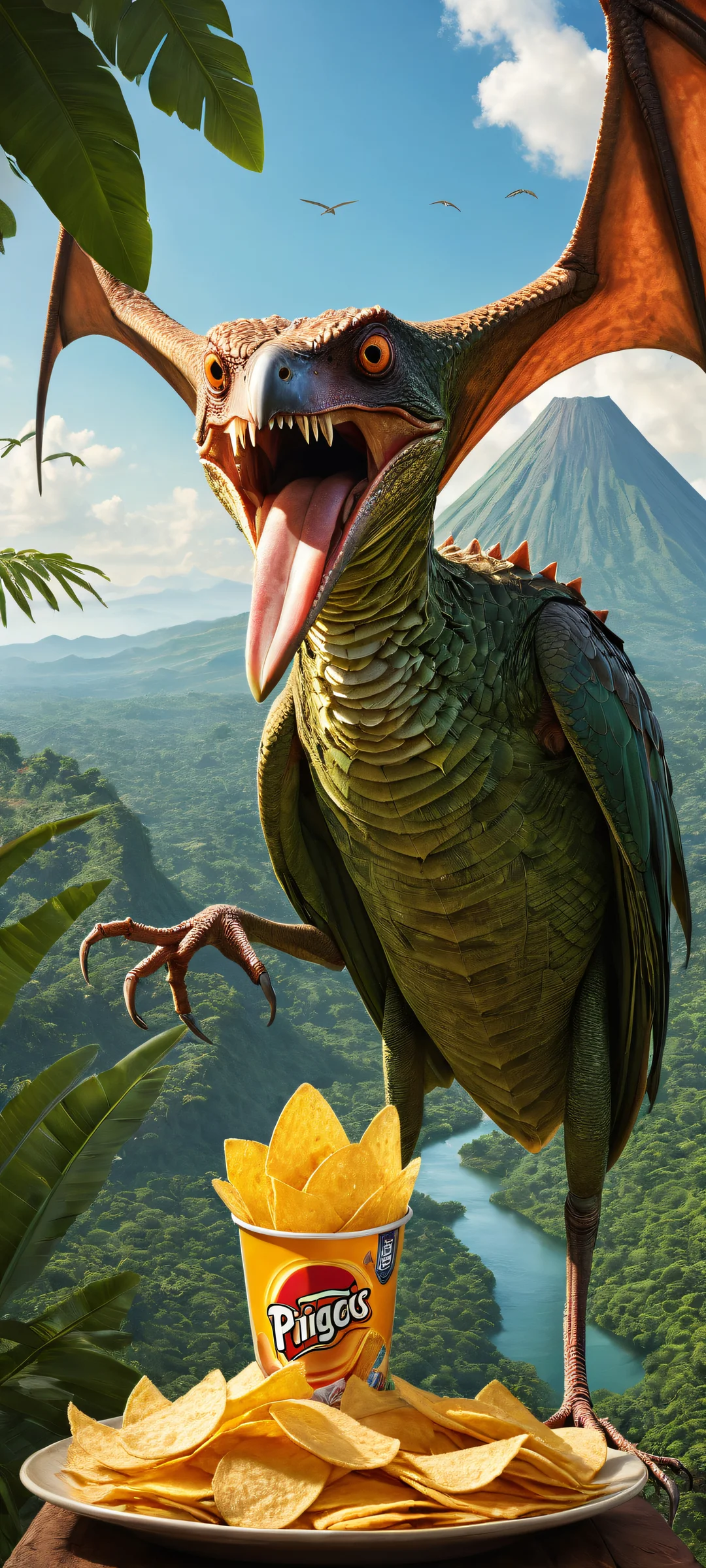 Pteranodon's Pringles Offer iPhone & Samsung QHD-Hintergrundbildund Android-StartbildschirmeSamsung GalaxyPerfekt optimiert für das iPhone A colossal Pteranodon Ketzalkoatl standing upright, holding Pringles chips and offering some to a pteranodonian dog-place, set against a prehistoric jungle landscape with a volcano on the horizon. Perfectly optimized for iPhone, Samsung Galaxy, and Android home screens.