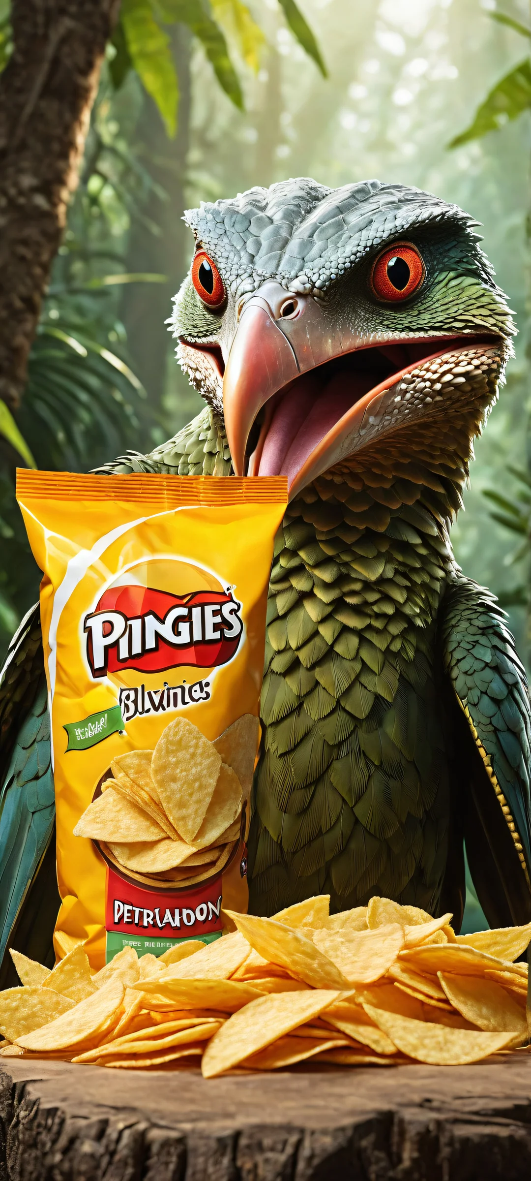 A curious canine with a bag of Pringles chips meets a prehistoric pteranodon, iPhone and Android compatible wallpaper, perfectly optimized for home screens.