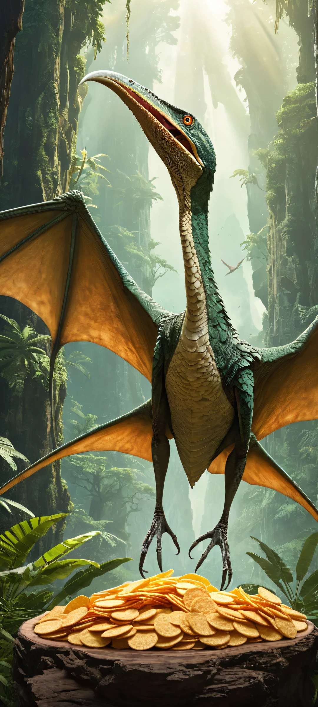 iPhone/Android users will love this breathtaking vertical portrait of Ketzalcoatlus pteranodon with a dog's head, gazing at Pringles chips held by human hand, set against a prehistoric jungle backdrop.