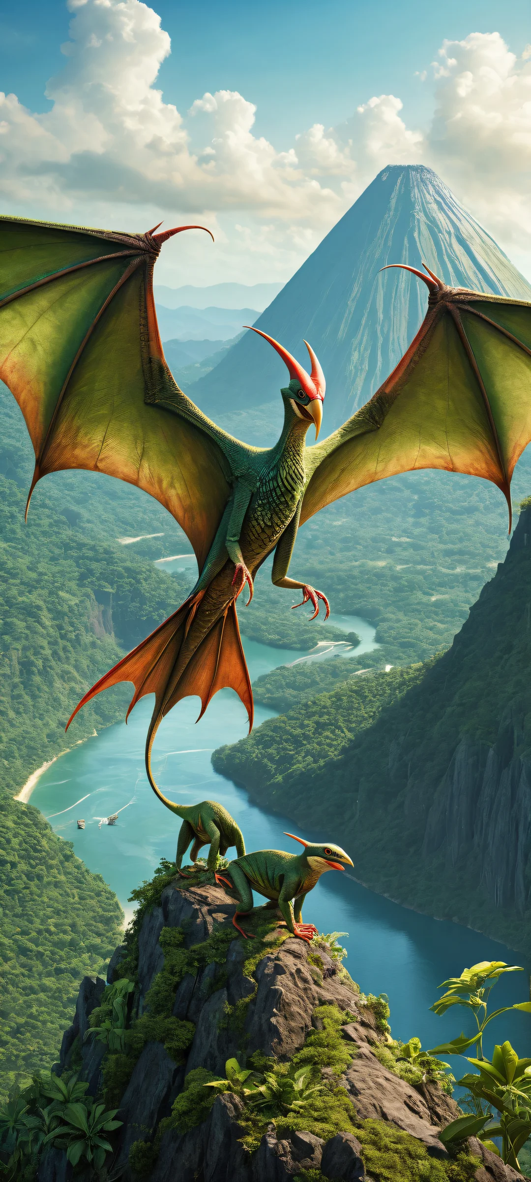 A fantastical pteranodon with a dog's head, standing in a prehistoric jungle backdrop, perfekt optimiert für iPhone- und Android-Startbildschirme.