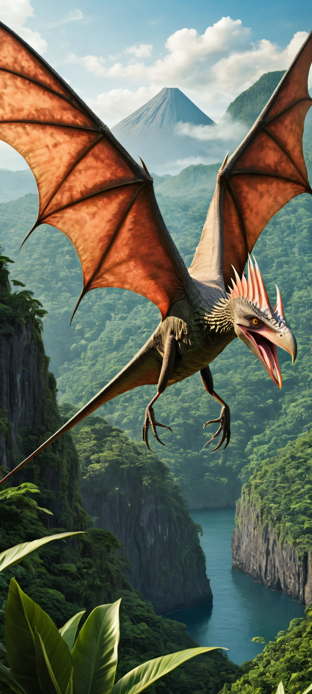 A breathtaking digital artwork of a Pteranodon head placed on a pure void background, juxtaposed against lush prehistoric jungles. Suitable for iPhone/Android home screens.