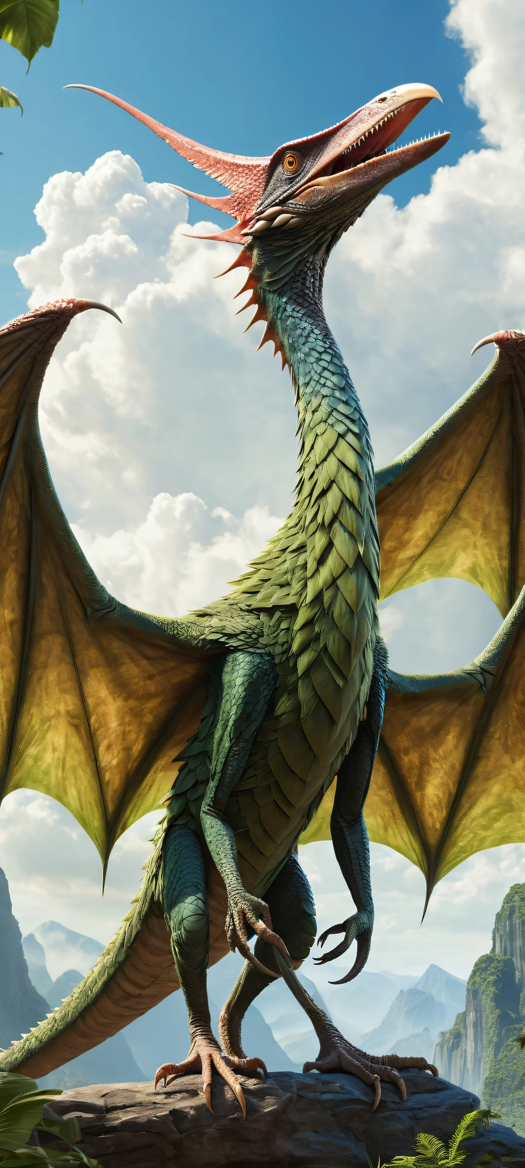 A majestic Pteranodon named Ketzalcoatl, with a Borzoi dog's head, gazes at the viewer from a lush prehistoric jungle. Perfect for iPhone and Android home screens.