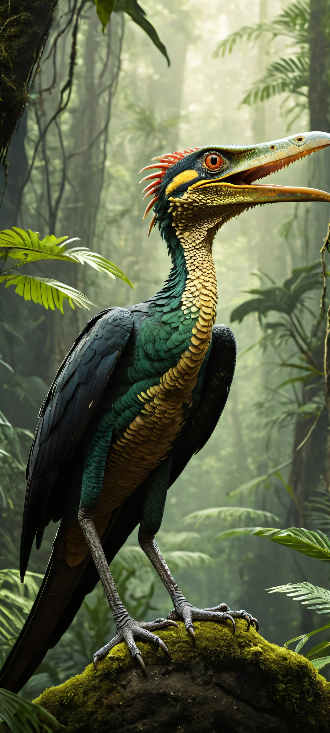 A majestic Ptetzelcoatl hybrid gazes at you from a prehistoric jungle, iPhone/Android in hand, amidst lush foliage and volcanic landscape. Perfectly optimized for your mobile device's home screen.