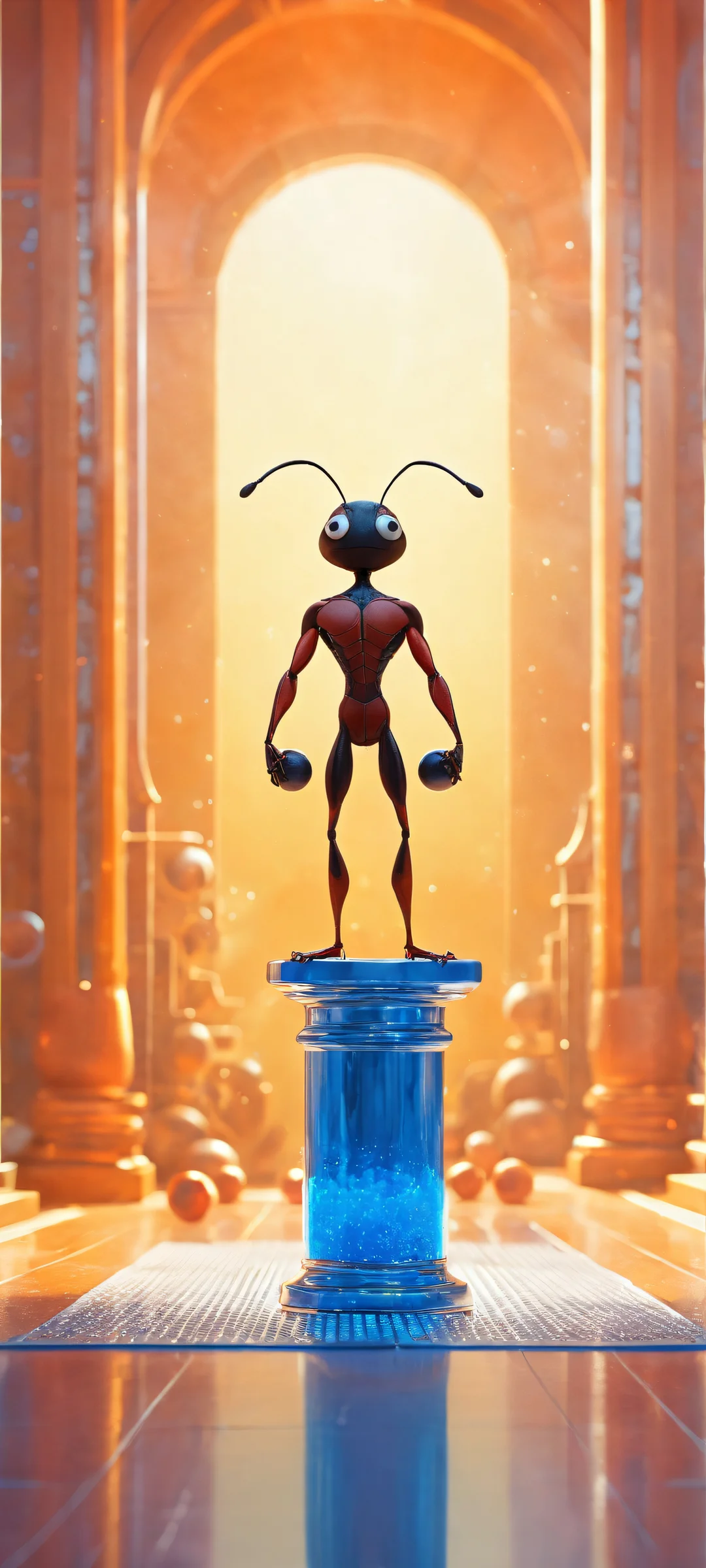 A stunning digital artwork of an ant lifting a tiny dumbbell on a miniature gym scene, perfectly optimized for iPhone and Android home screens. Ideal for fitness enthusiasts!