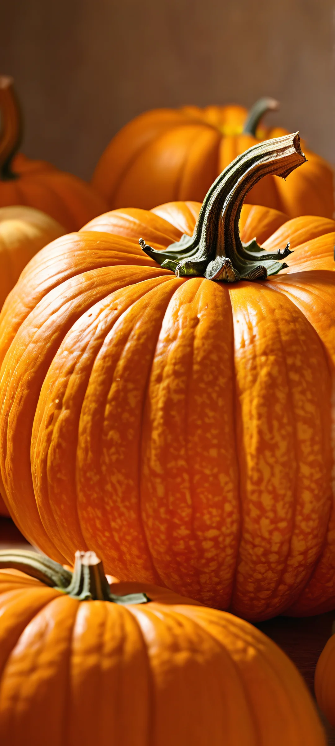 iPhone/Android: A serene pumpkin portrait with intricate details and warm ambiance, ホーム画面に最適.