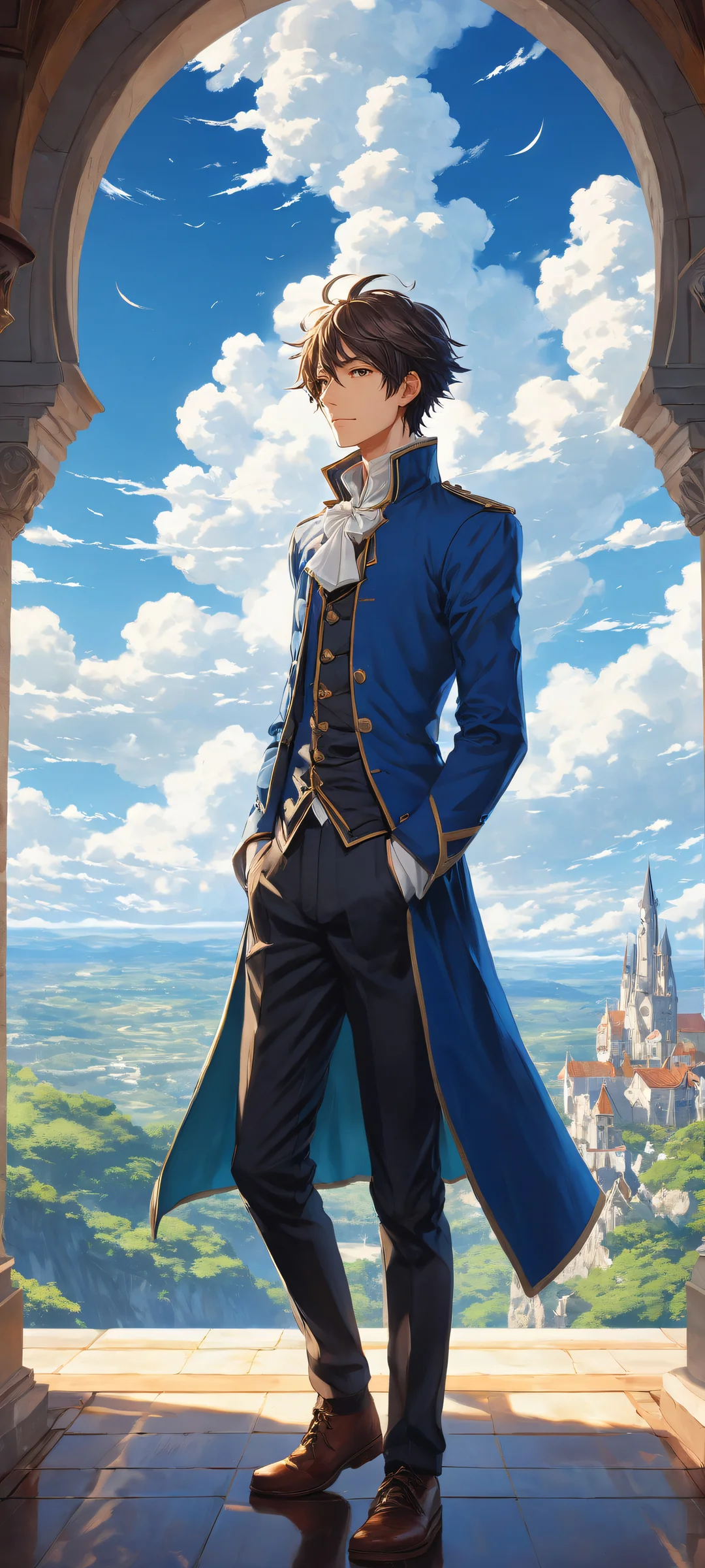 A beautiful fantasy portrait of Qifrey, a male anime character, gazing at the viewer from his witch hat atelier. Perfekt optimiert für das iPhone, Samsung Galaxy, und Android-Startbildschirme.