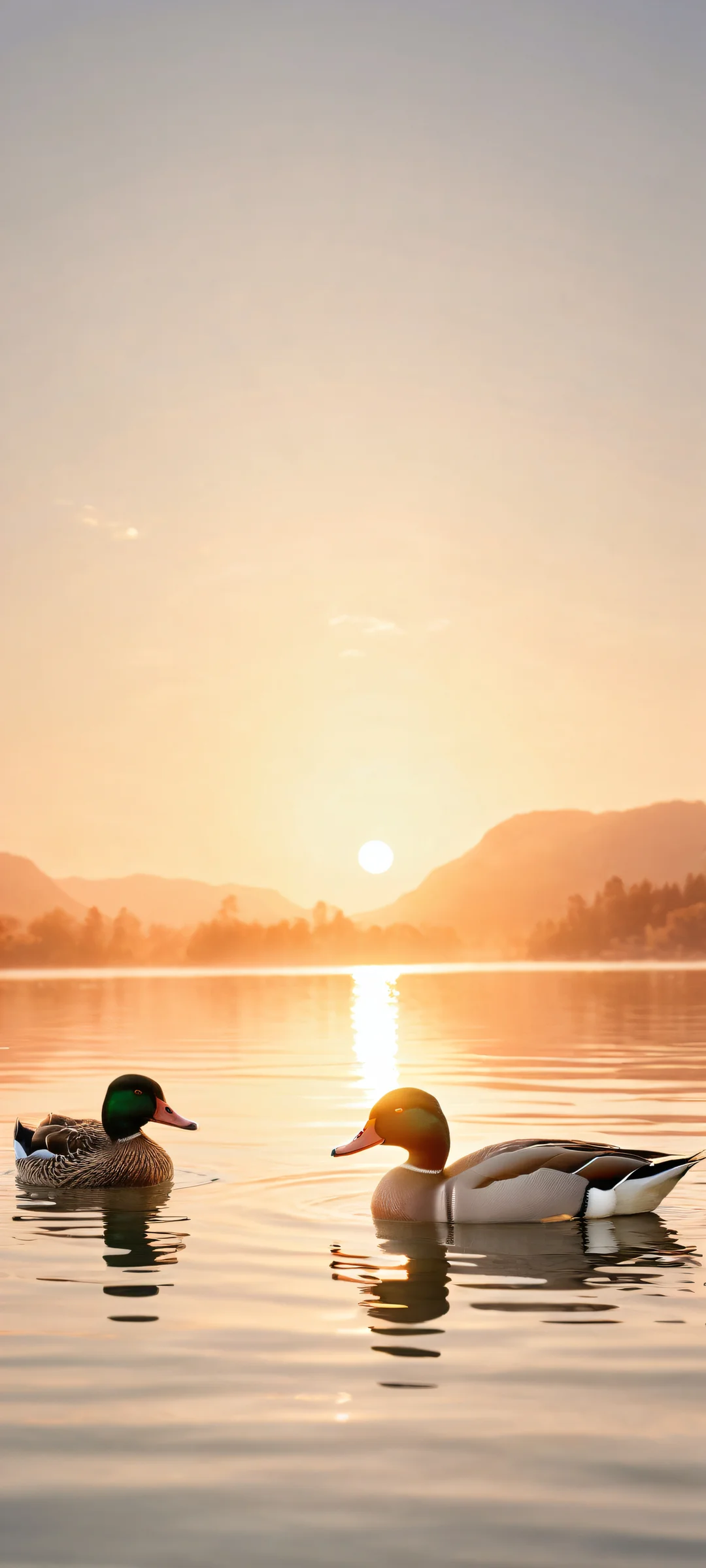 Quacking ducks in a serene and radiant digital art piece optimized for iPhone/Android home screens, featuring exquisite micro-details and a stunning void background.