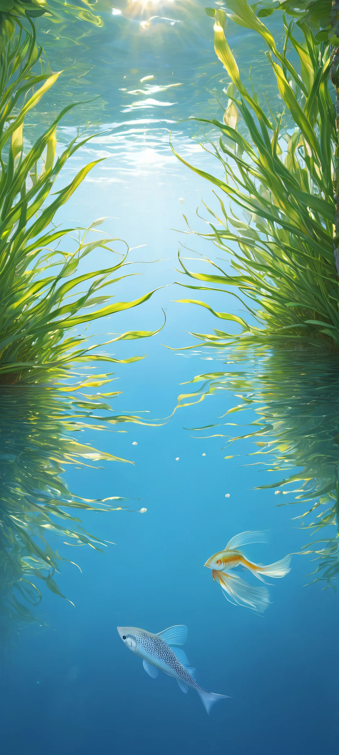 A serene underwater scene featuring quacking fish surrounded by aquatic plants and tiny fish swimming around them. Perfect for iPhone/Android home screens.