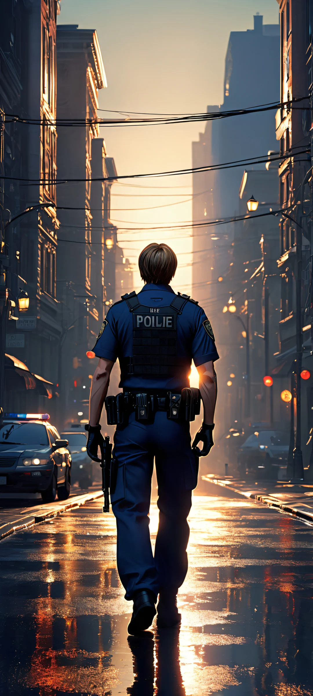 Raccoon City's Last Hope 2K Mobile Background Breathtaking portrait of Leon Kennedy in Raccoon City streets at dusk. iPhone/Android compatible.