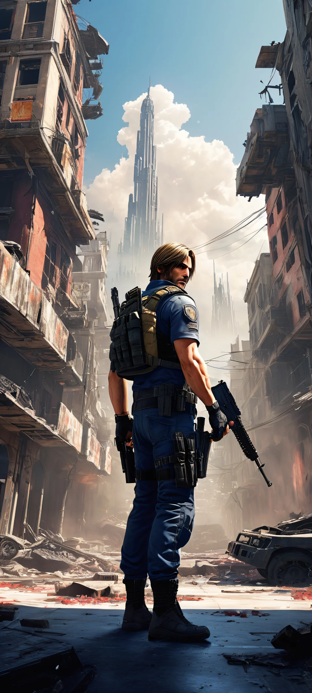 Leon Kennedy stands strong in the midst of devastation, his gun at the ready as Raccoon City crumbles around him - a haunting iPhone/Android wallpaper