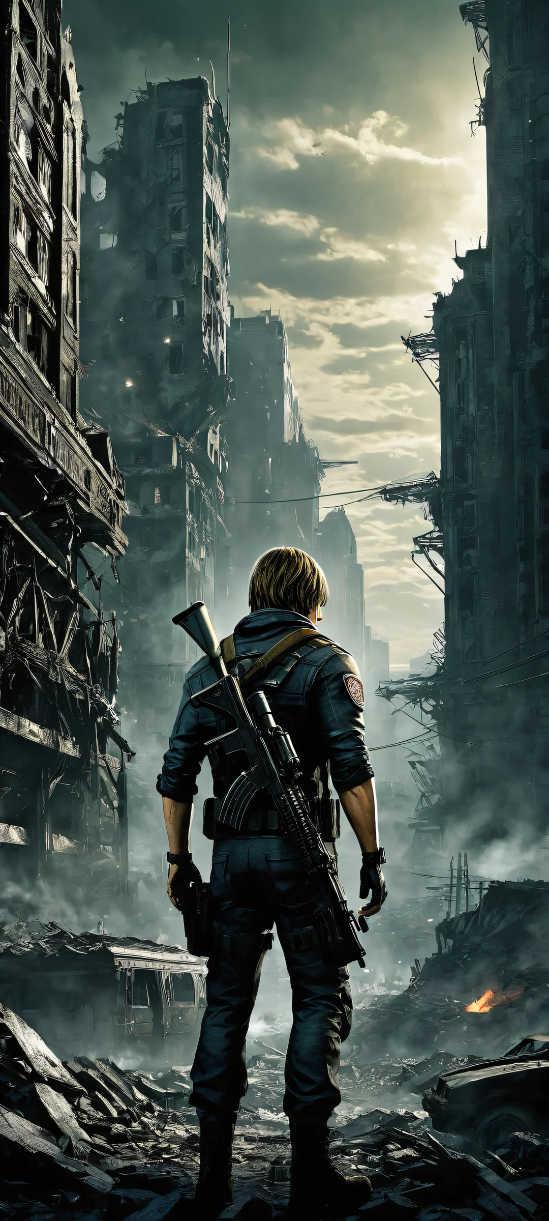 Breathtaking vertical portrait artwork of Leon Kennedy amidst Raccoon City's post-apocalyptic ruins, iPhone に完全に最適化, サムスンギャラクシー, と Android のホーム画面.