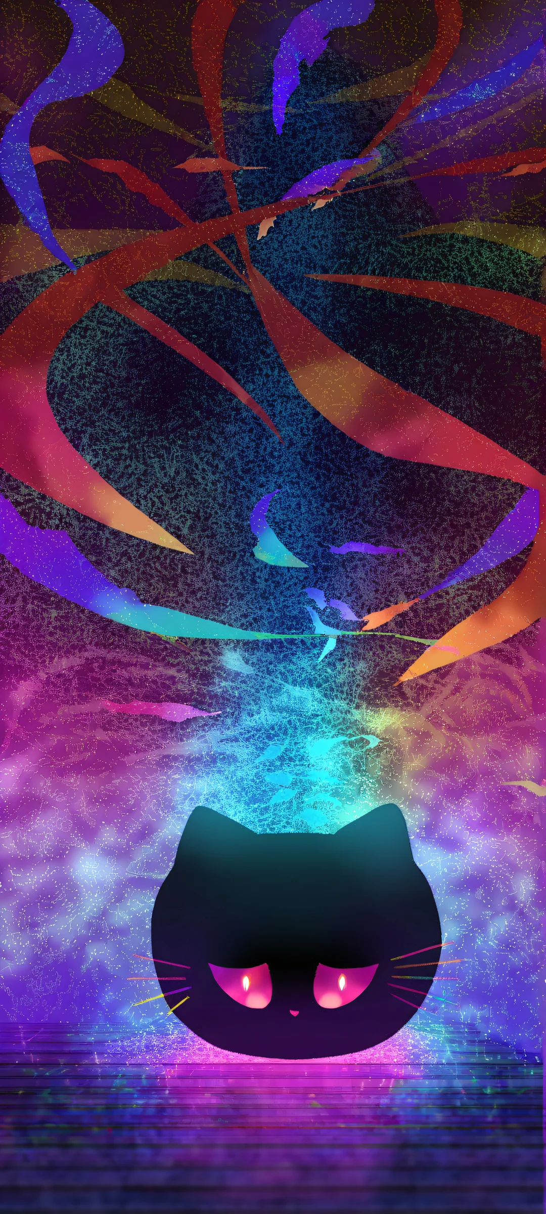 A mesmerizing anime cat gazes in awe as neon lights and fish-shaped sparks dance around it on a serene park bench at night. Perfectly optimized for iPhone, Samsung Galaxy, and Android home screens.