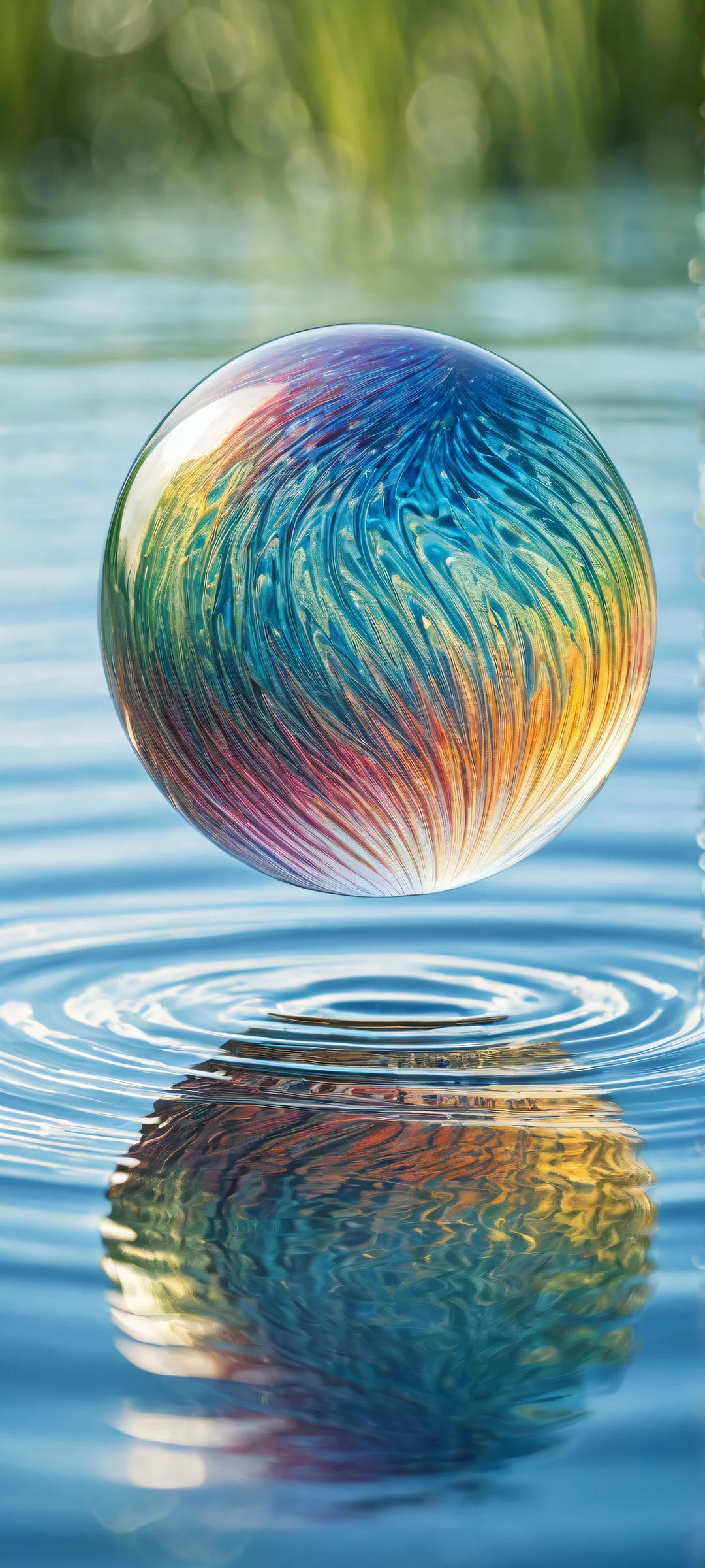 Beautiful rainbow swirling inside a glass marble placed on a serene underwater scene with rippling water and delicate seaweed, parfaitement optimisé pour les écrans d'accueil iPhone/Android.