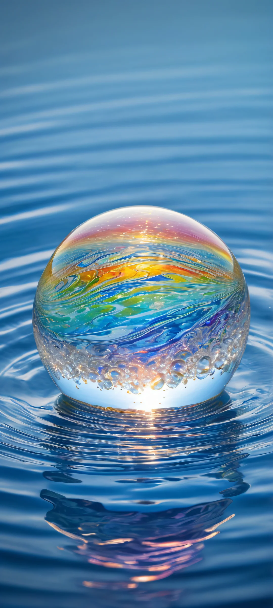 Delicate glass marble with swirling rainbow colors falling into water. Perfect for iPhone and Android home screens.