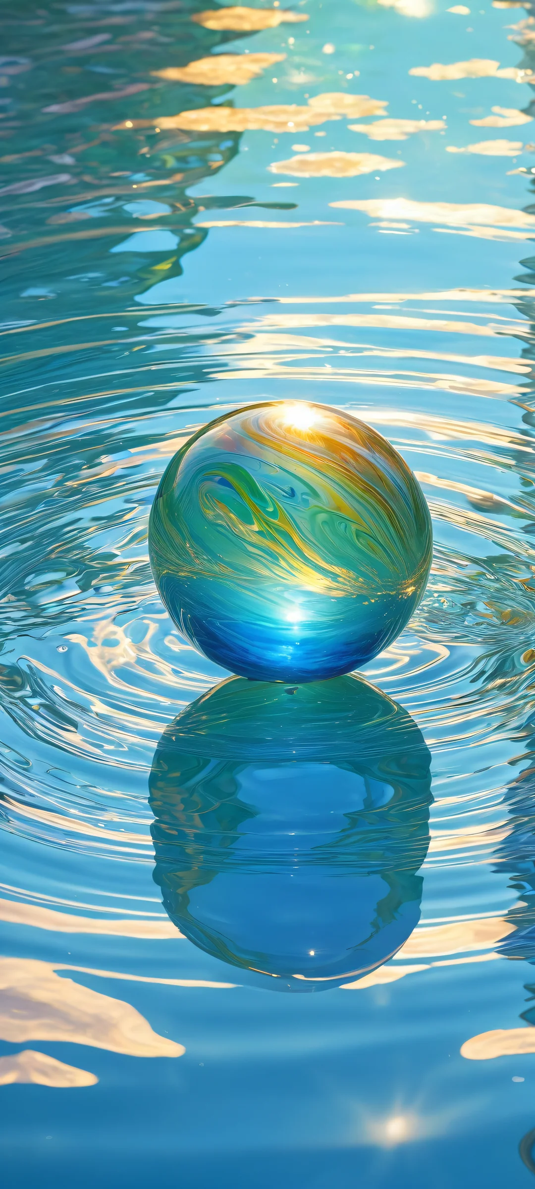 A beautiful rainbow-colored marble placed in a serene underwater scene on an iPhone/Android home screen.