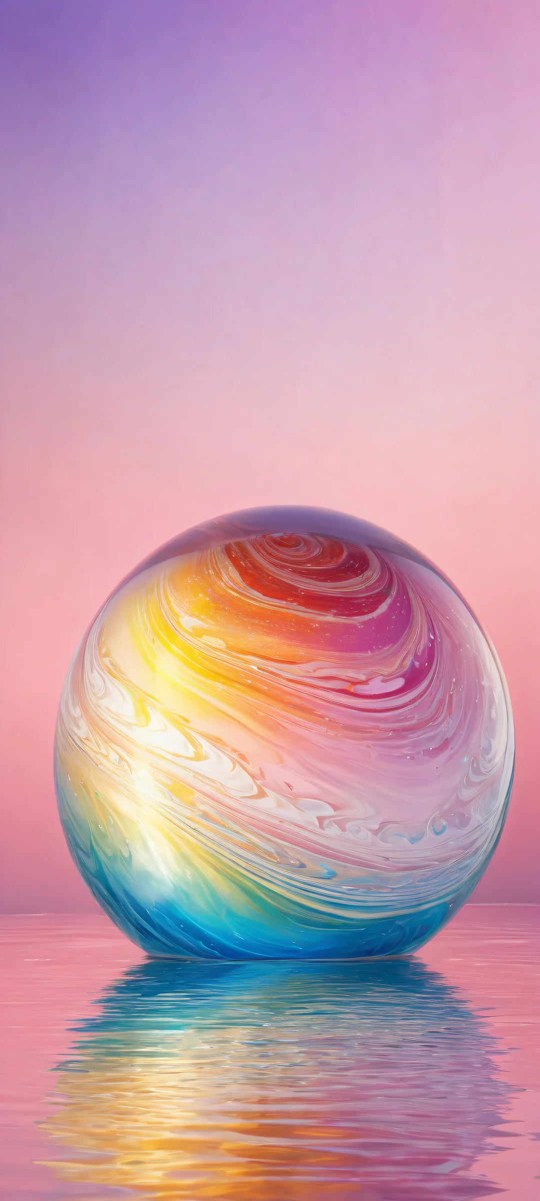 iPhone and Android users will be mesmerized by this stunning digital artwork of a glass marble with iridescent colors set against a vast, empty void and reflected in rippling water below.