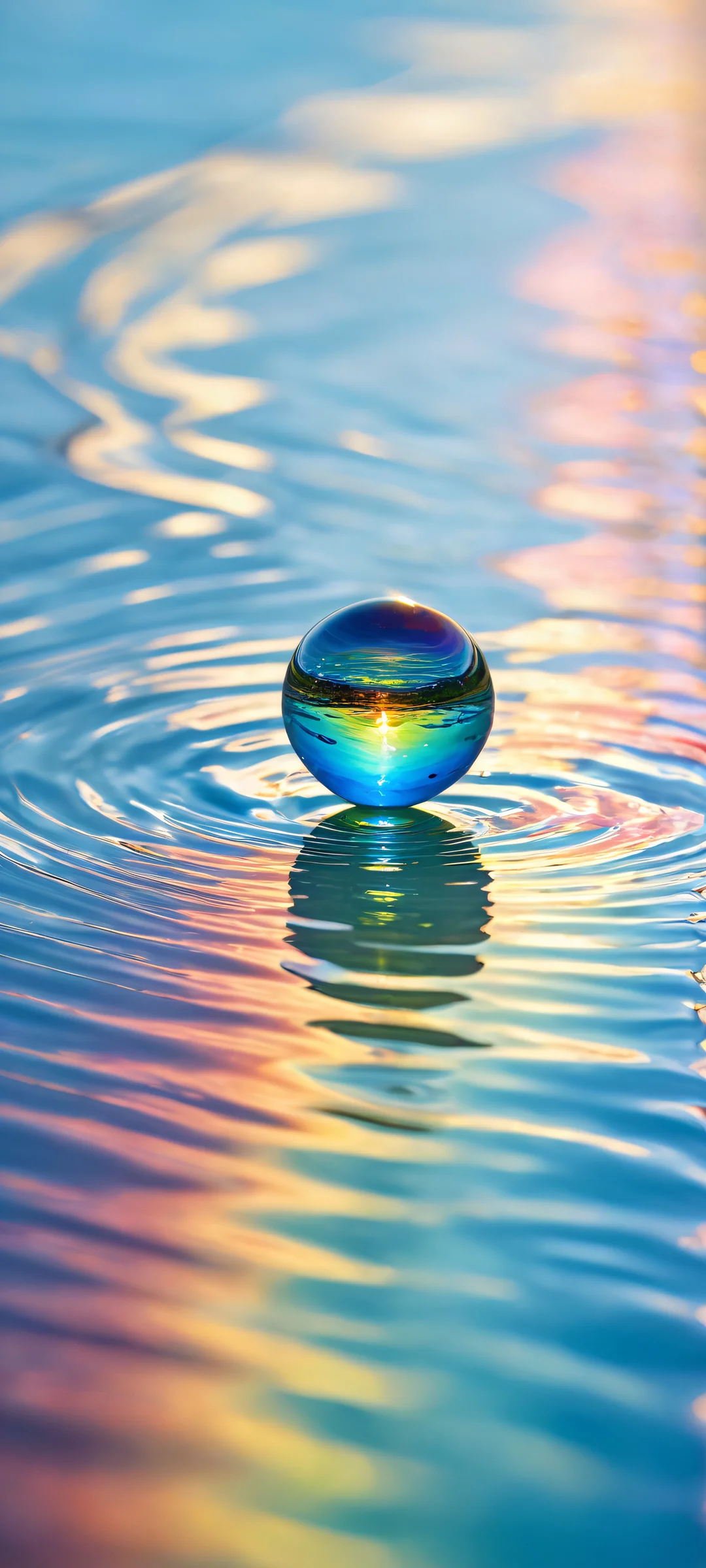 A delicate glass marble with a vibrant, swirling rainbow interior descends into the calm, reflective pool, iPhone と Android のホーム画面に完全に最適化.