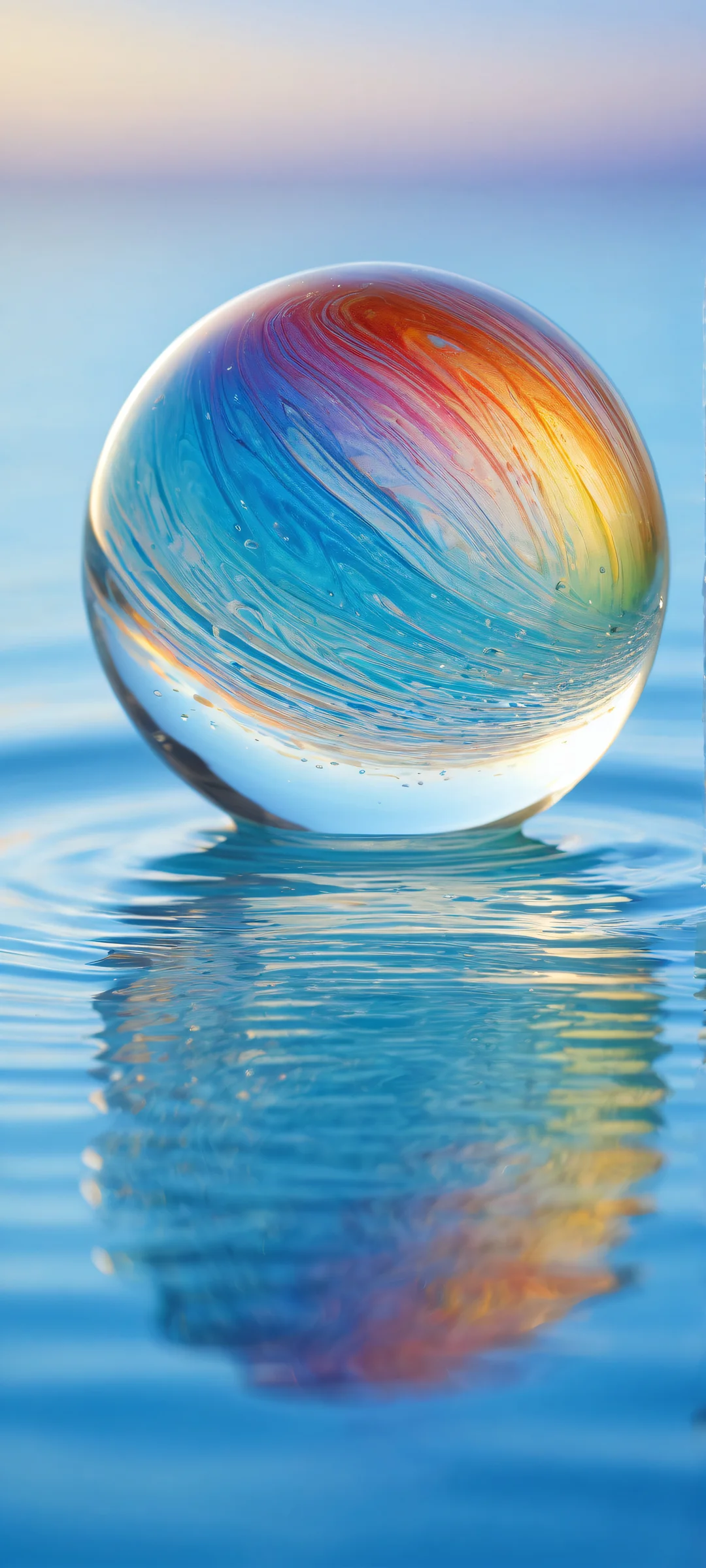 A serene digital art of a glass marble with a rainbow-colored interior slowly falling into the water on an iPhone or Android home screen.