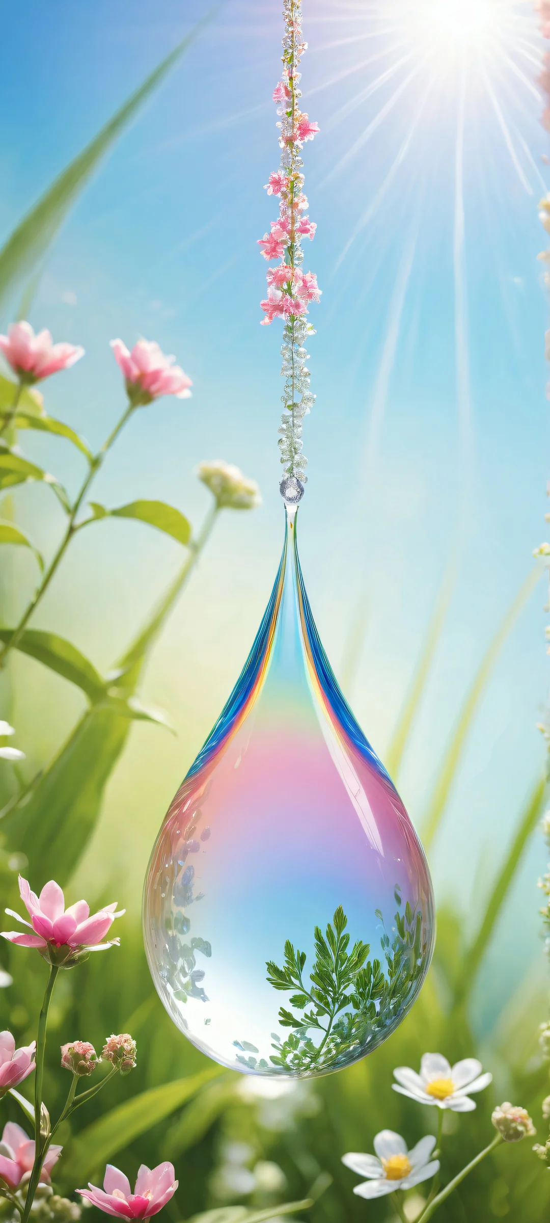 A suspended rainbow drop on a serene green background, perfectly optimized for iPhone and Android home screens.