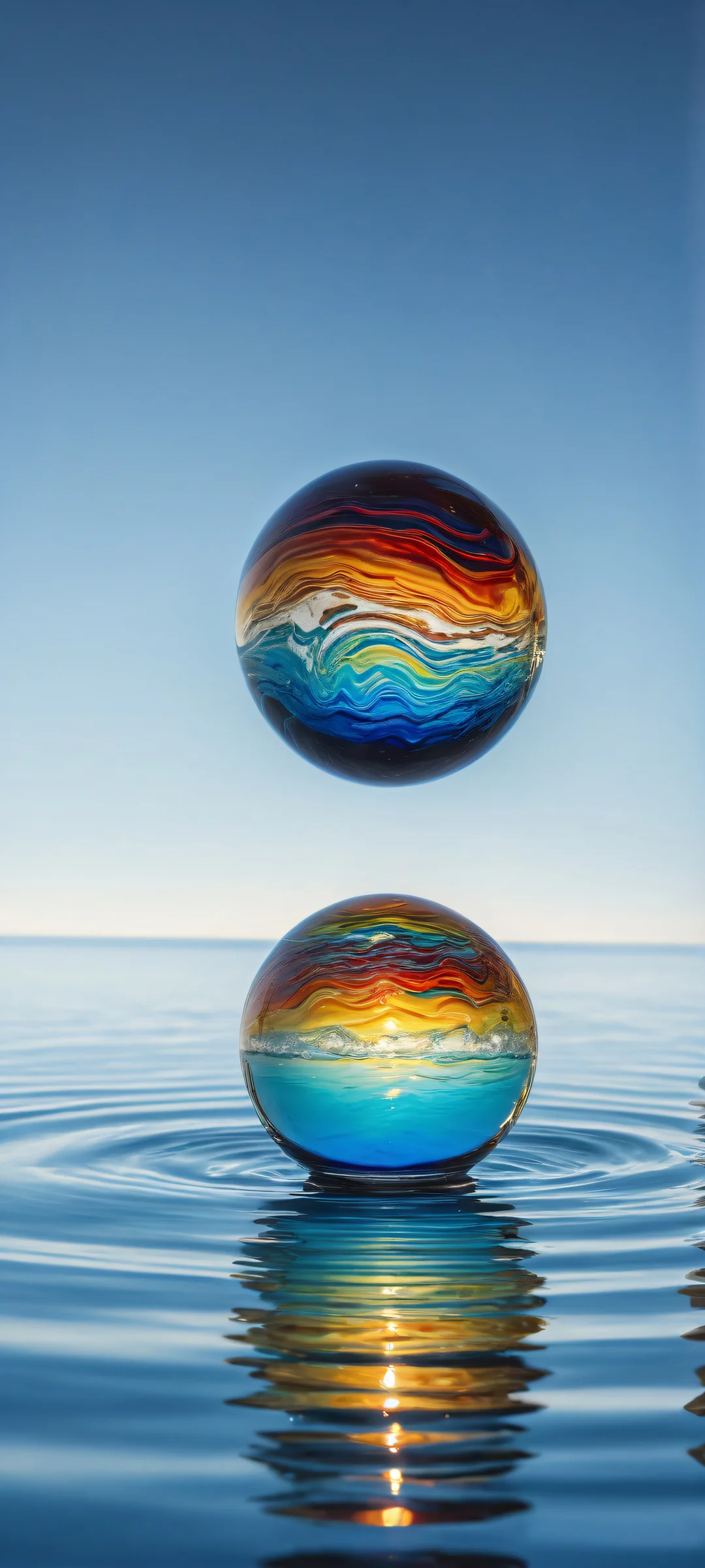 A delicate glass marble with a vibrant rainbow interior on an iPhone/Android home screen. Perfectly clean and empty top half for UI, extreme depth of field blurred background.