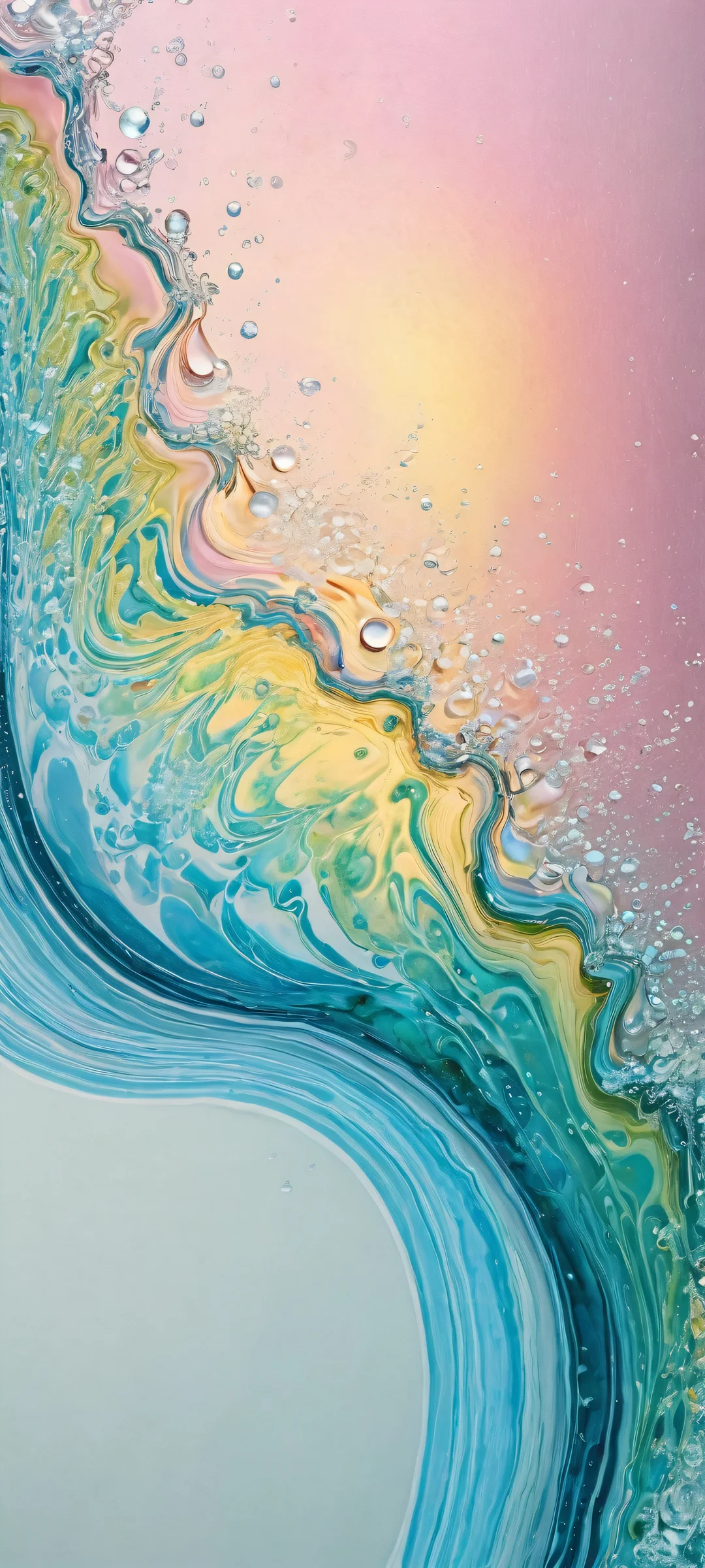 A stunning mobile wallpaper featuring a glass marble with a shimmering rainbow interior falling from the top half of the screen, perfectly optimized for iPhone and Android home screens. Perfectly clean and empty top half allows UI widgets to breathe freely.