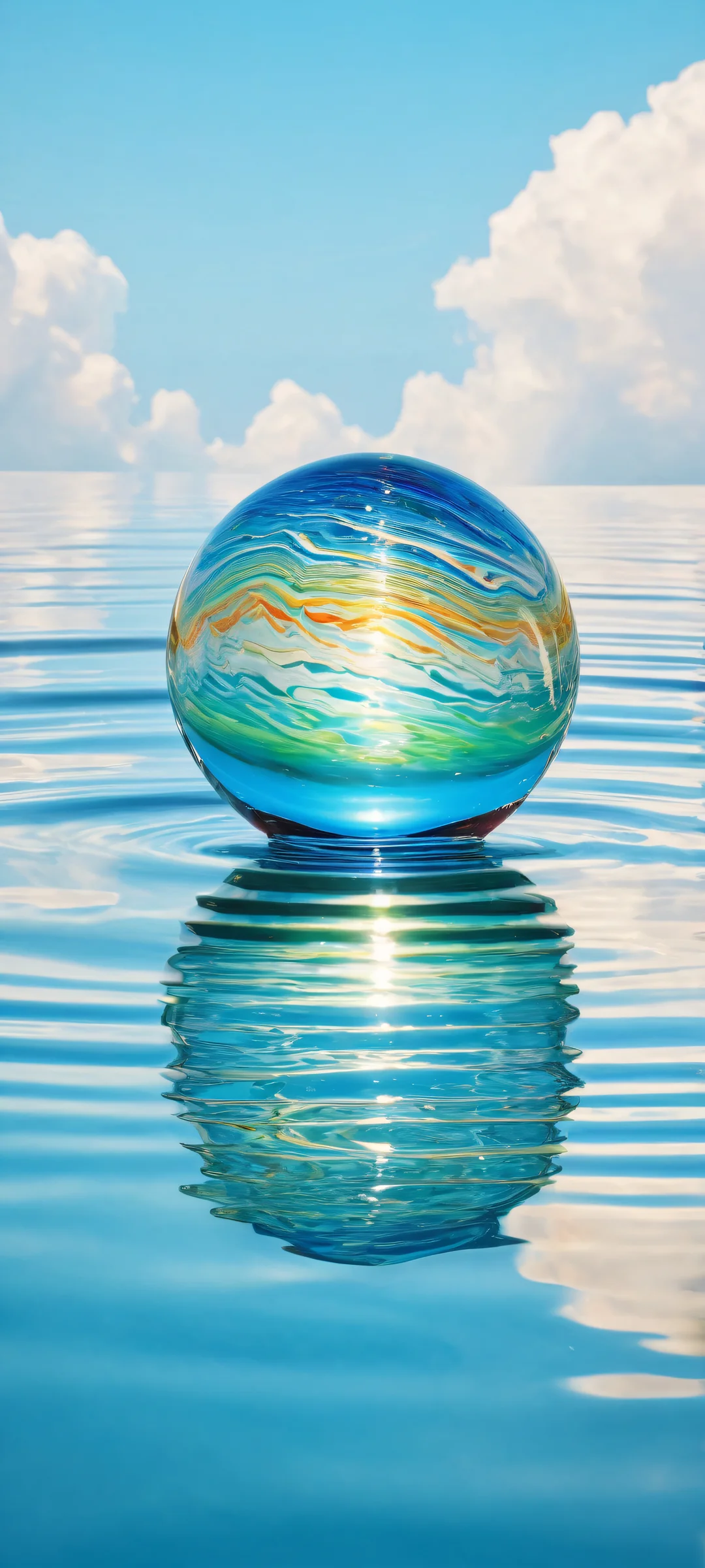 A glass marble with a rainbow-colored interior placed on a serene aquatic scene featuring undulating waves and subtle depth. Parfait pour les écrans d'accueil iPhone/Android.
