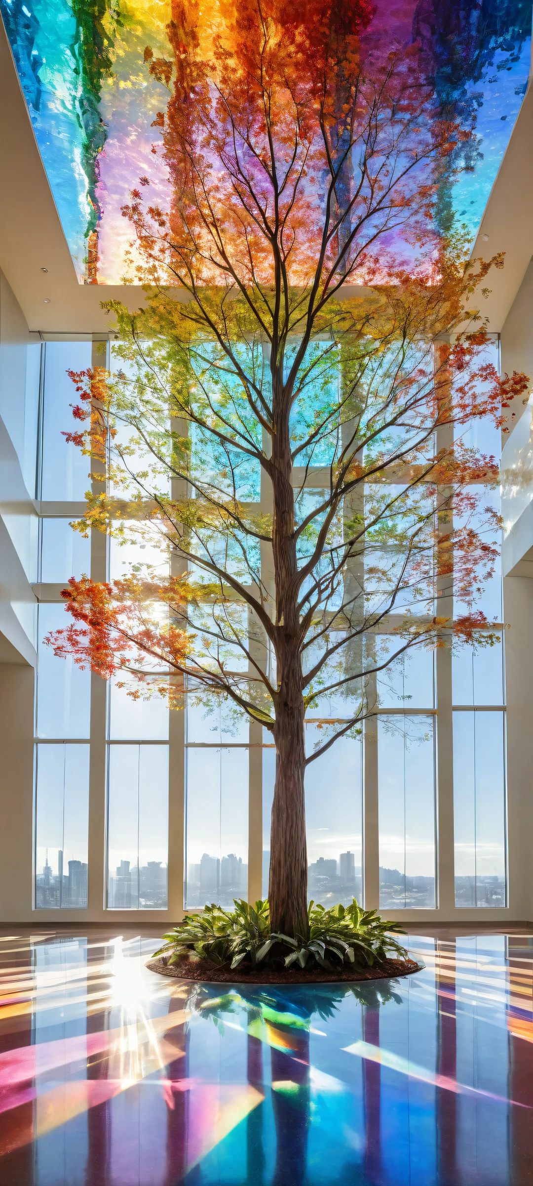 A stunning vertical portrait artwork featuring a glass tree surrounded by rainbow refractions and colored light projections, perfectly optimized for iPhone/Android home screens.