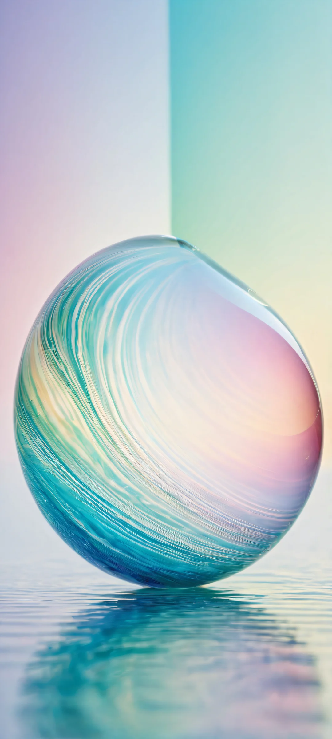 Rainbow Refractions 2K Mobile BackgroundParfait pour les écrans d'accueil iPhone et Android Stunning digital artwork of a glass marble with rainbow colors placed in the lower-middle, surrounded by an underwater world on a pristine void. Perfect for iPhone and Android home screens.