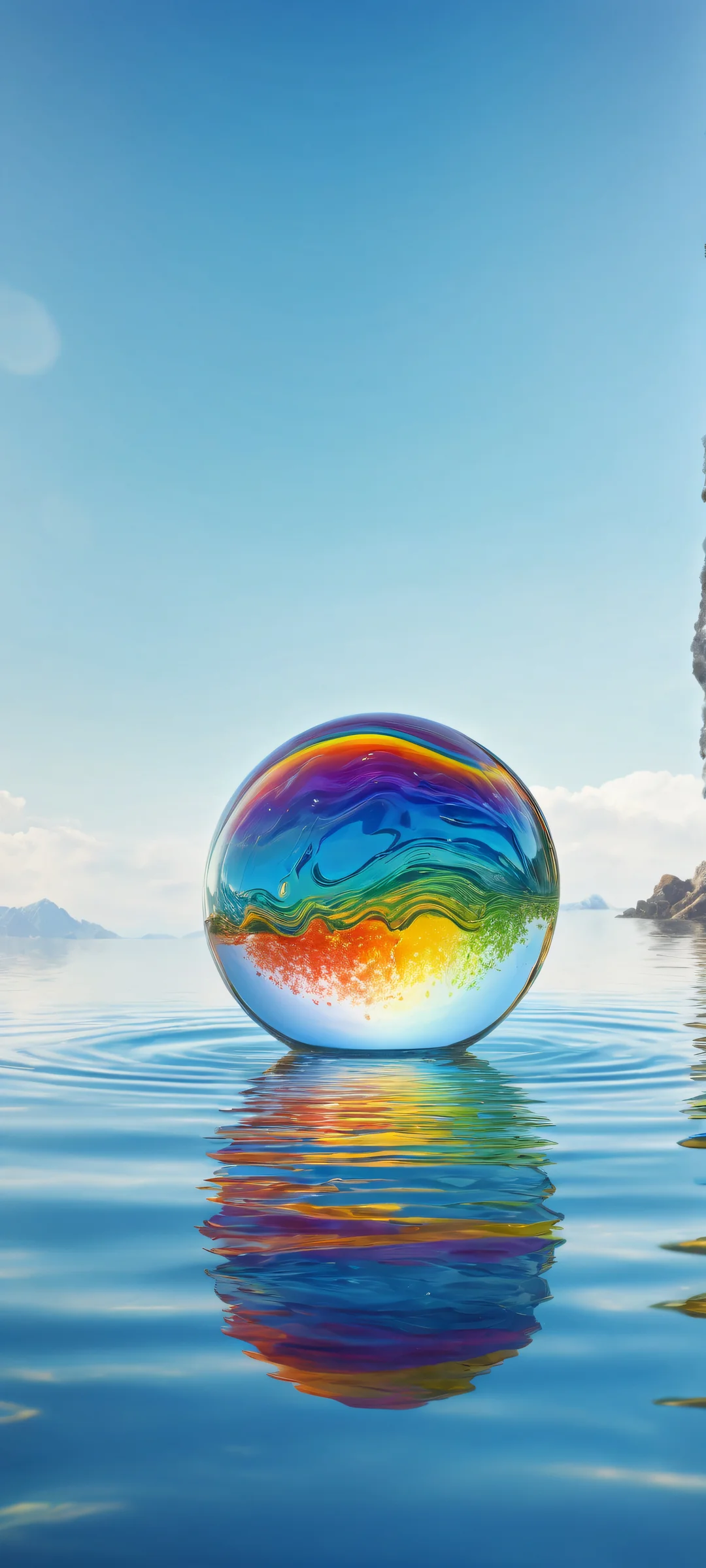 A stunning digital artwork of a glass marble with a rainbow-colored interior falls into the water, showcasing incredible micro-details of ripples and reflections. Perfectly optimized for iPhone/Android home screens.