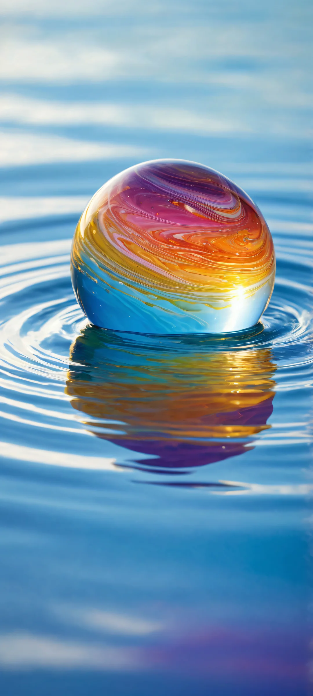 Colorful glass marble in a serene water reflection, iPhone/Android optimized.