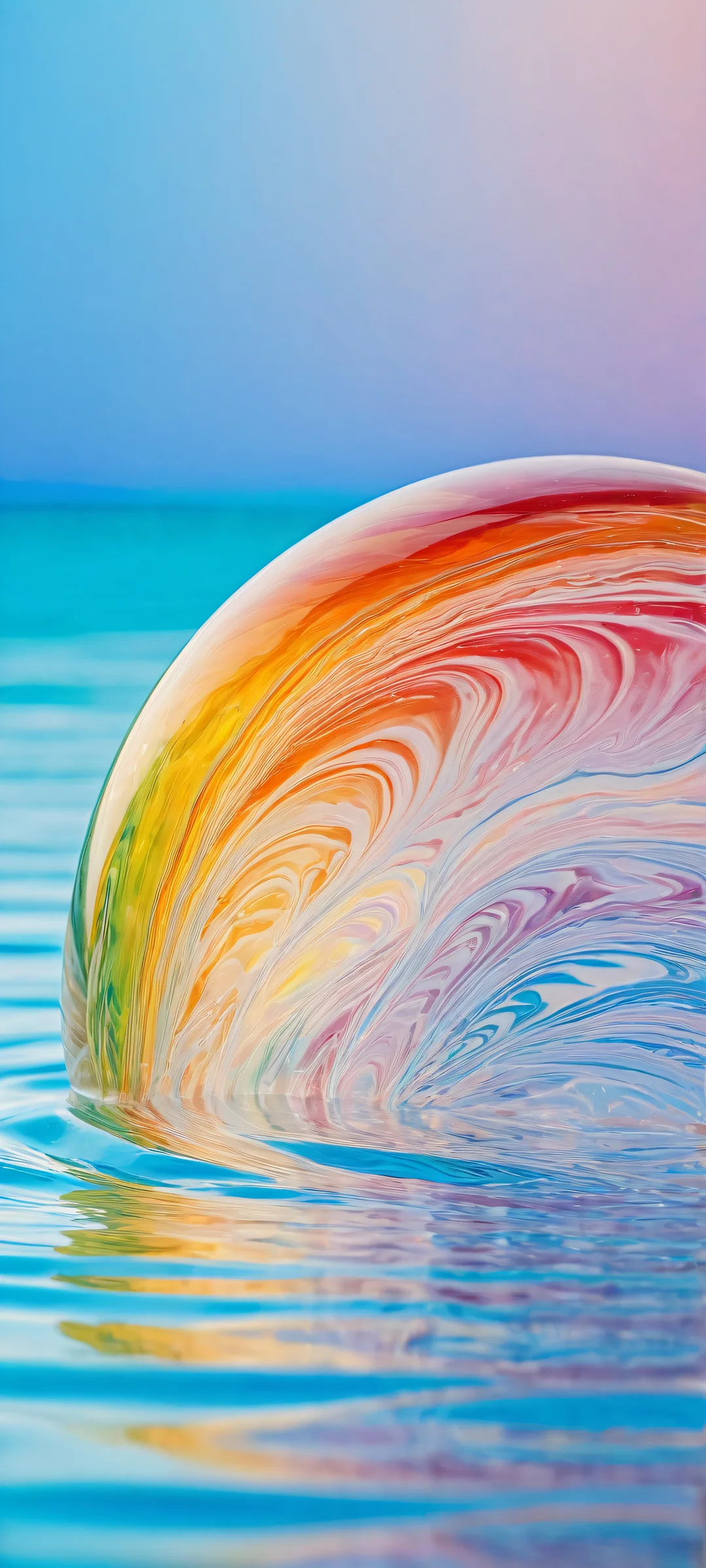 Rainbow's Descent 2K QHD Home Screen A colorful glass marble with a vibrant rainbow inside falls through crystal-clear water, perfectly optimized for iPhone and Android home screens.
