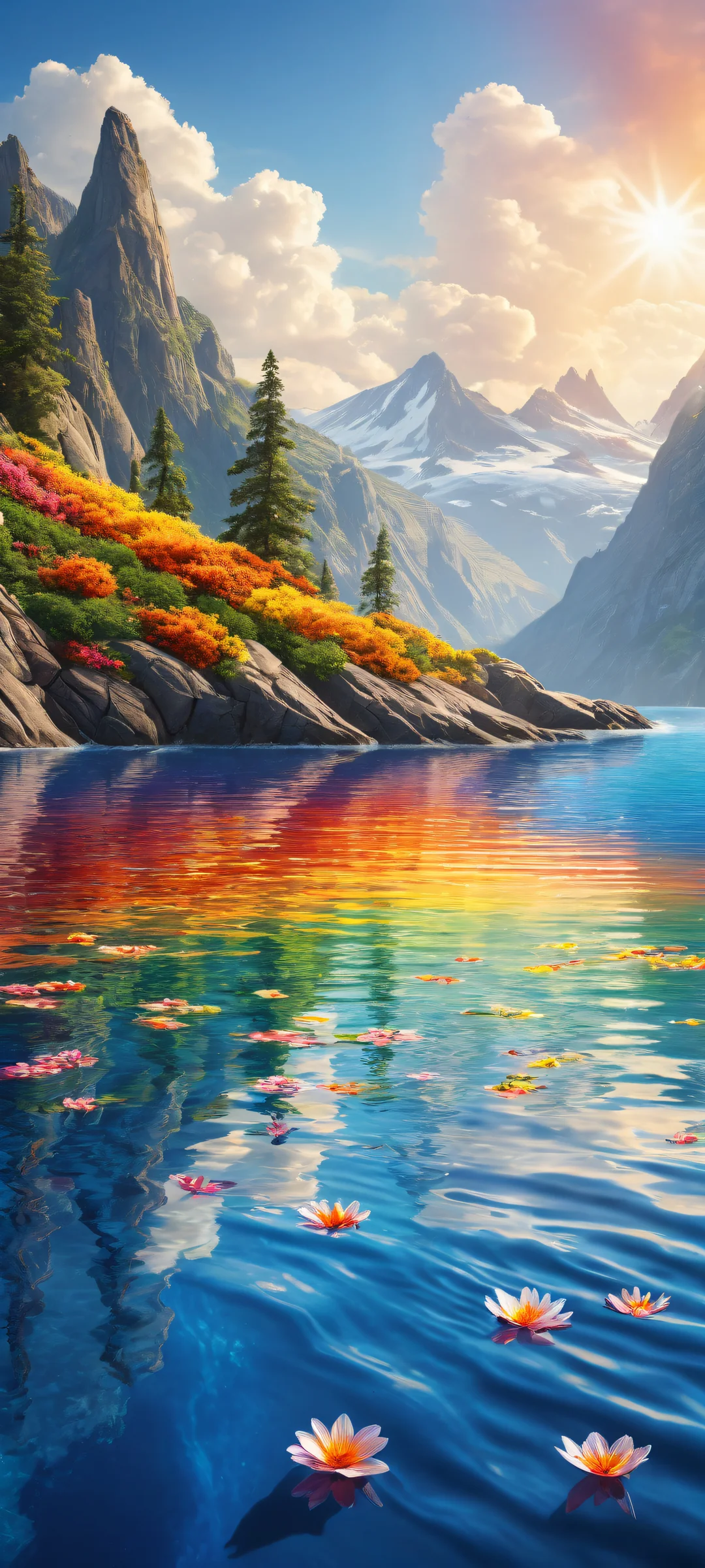 iPhone/Android users will love this stunning wallpaper featuring Rainbow's Edge suspended in time, with intricate flower details and a dreamlike scene unfolding below.